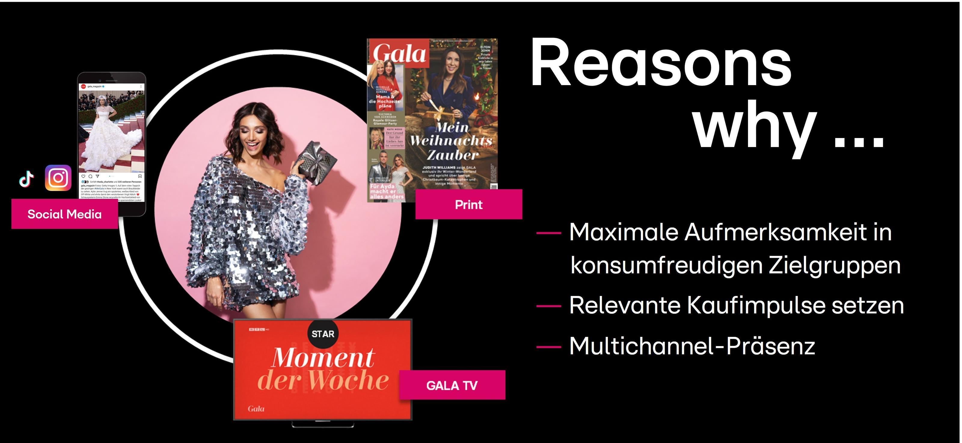 Das Bild zeigt eine Frau in einem glitzernden Kleid, die als Teil einer Marketingkampagne präsentiert wird. Sie hält eine Zeitschrift in der Hand, während im Hintergrund verschiedene Medienkanäle wie Social Media, Print und TV hervorgehoben werden. Der Text auf der rechten Seite listet die Vorteile dieser Kampagne auf: maximale Aufmerksamkeit in konsumfreudigen Zielgruppen, das Setzen relevanter Kaufimpulse und die Präsenz in mehreren Kanälen.
#!#
Marketing,Multichannel,Aufmerksamkeit,Zielgruppen,Social Media,Print,Gala TV,Kaufimpulse,Präsenz,Kampagne