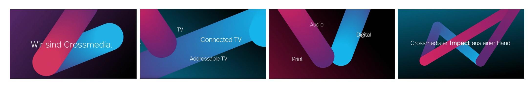 Das Bild besteht aus vier nebeneinander angeordneten Panels, die jeweils unterschiedliche Aspekte von Crossmedia-Werbung darstellen. Im ersten Panel steht 'Wir sind Crossmedia' vor einem Hintergrund in Violett- und Blautönen. Das zweite Panel zeigt Begriffe wie 'TV', 'Connected TV' und 'Addressable TV', die über einem blauen und violetten Farbverlauf erscheinen. Das dritte Panel thematisiert 'Audio', 'Digital' und 'Print', ebenfalls vor einem Hintergrund in Violett- und Blautönen. Das vierte Panel fasst mit 'Crossmedia Impact aus einer Hand' zusammen und zeigt ineinandergreifende Elemente in Blau und Pink.
#!#
Crossmedia,Werbung,TV,Connected TV,Addressable TV,Audio,Digital,Print,Impact,Marketing