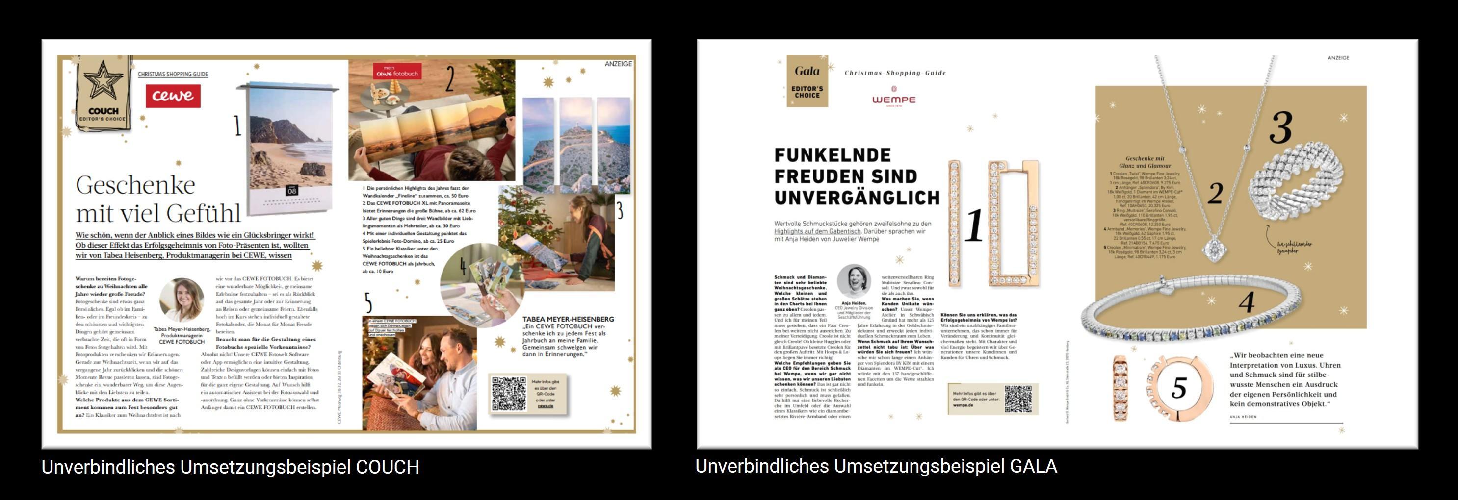 Das Bild zeigt zwei Magazinseiten mit unterschiedlichen Themen. Die linke Seite ist ein unverbindliches Umsetzungsbeispiel aus der Zeitschrift 'COUCH', das sich mit Geschenken beschäftigt. Es sind mehrere Bilder von Geschenkideen und ein Artikel mit dem Titel 'Geschenke mit viel Gefühl' zu sehen. Die rechte Seite stammt aus der Zeitschrift 'GALA' und präsentiert schmuckbezogene Inhalte mit dem Titel 'Funkelnde Freuden sind unvergänglich'. Zu sehen sind eine Halskette, ein Ring und eine Brosche, die nummeriert und beschrieben sind.
#!#
Geschenke,Gefühl,COUCH,GALA,Schmuck,Halskette,Ringe,Brosche,Magazin,Artikel