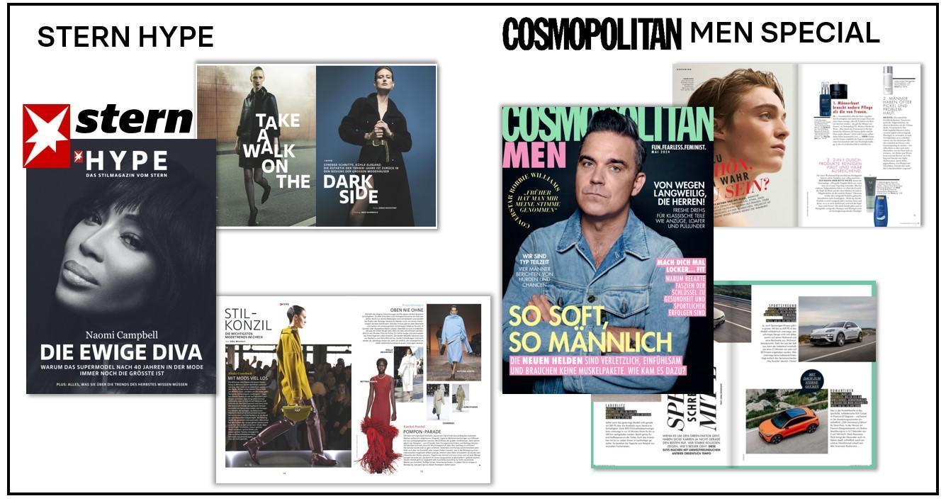 The image displays two magazine covers and several fashion-related articles. On the left, the 'Stern Hype' cover features Naomi Campbell with the headline 'Die ewige Diva'. Below it are fashion spreads showcasing styles and clothing. On the right, the 'Cosmopolitan Men Special' cover features a man in a blue jacket with headlines about masculinity and style. Surrounding it are additional pages focusing on men's fashion, grooming, and lifestyle.
#!#
Stern Hype,Cosmopolitan Men,Naomi Campbell,Fashion,Style,Masculinity,Grooming,Lifestyle,Magazine,Fashion Spread
