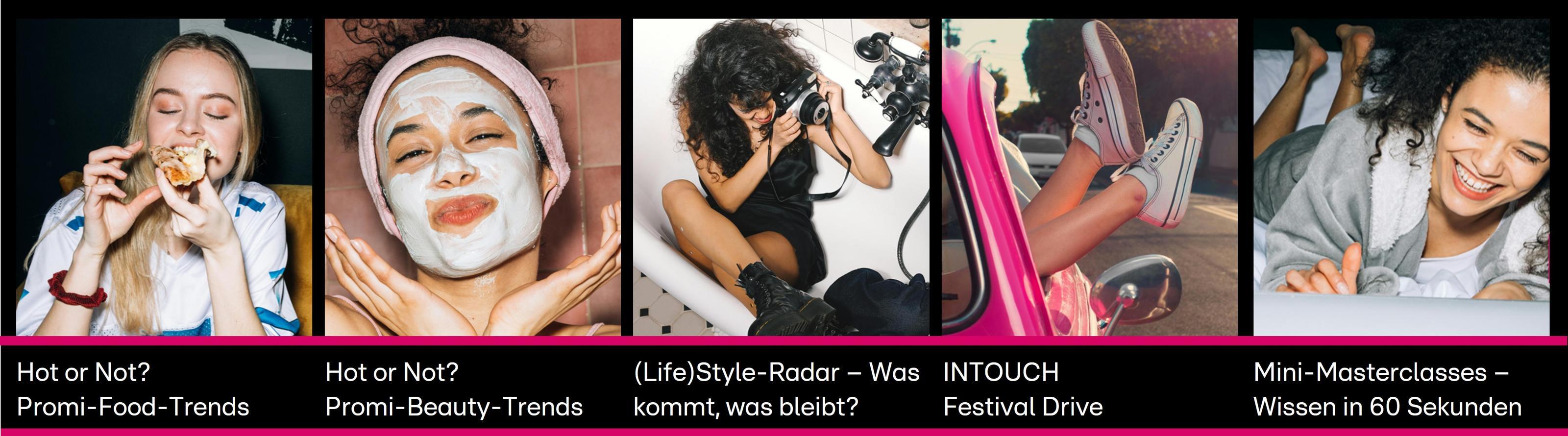 Das Bild zeigt eine Reihe von fünf verschiedenen Szenen, die aktuelle Trends in den Bereichen Essen, Schönheit und Lifestyle darstellen. Die erste Szene zeigt eine Frau, die genüsslich in einen Burger beißt, was auf Food-Trends hinweist. In der zweiten Szene trägt eine Person eine Gesichtsmaske, ein Hinweis auf Beauty-Trends. Die dritte Szene zeigt eine Frau mit einer Kamera, die auf Lifestyle-Trends abzielt. Die vierte Szene präsentiert jemandes Beine in Sneakers, was Festival-Mode suggeriert. Die letzte Szene zeigt eine lachende Person, die an Mini-Masterclasses in kurzer Zeit teilnimmt.
#!#
Promi-Trends,Food,Beauty,Lifestyle,Essen,Gesichtsmaske,Fotografie,Festival,Sneakers,Masterclasses