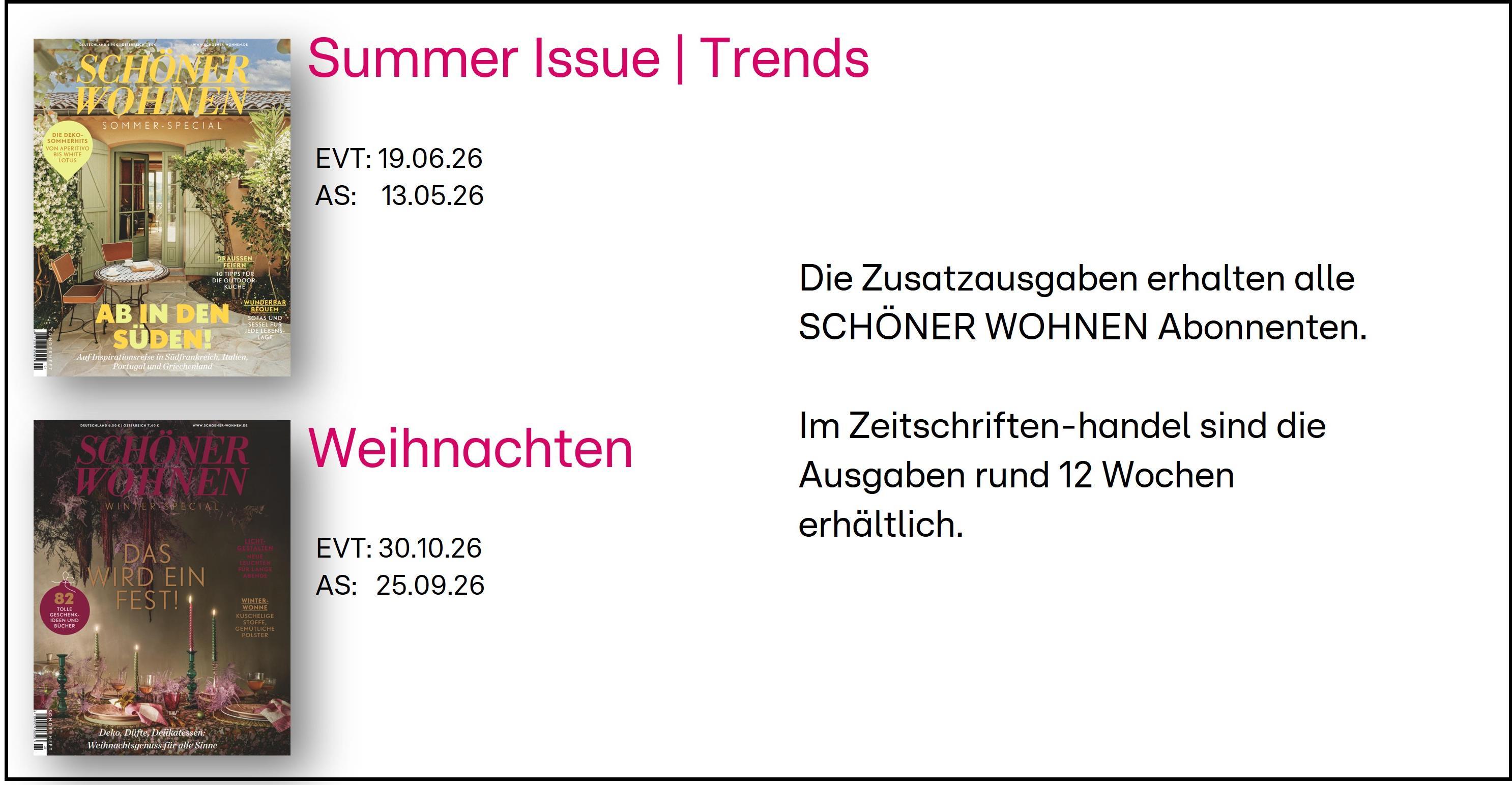 Das Bild zeigt zwei Zeitschriftenausgaben von 'Schöner Wohnen'. Die erste Ausgabe ist die 'Summer Issue | Trends' mit Erscheinungstermin am 19. Juni 2026 und Vorbestellung ab 13. Mai 2026. Die zweite Ausgabe ist die Weihnachtsausgabe mit Erscheinungstermin am 30. Oktober 2026 und Vorbestellung ab 25. September 2026. Alle Abonnenten von 'Schöner Wohnen' erhalten die Zusatzausgaben, die auch rund 12 Wochen im Zeitschriftenhandel erhältlich sind.
#!#
Schöner Wohnen,Zeitschrift,Sommer,Weihnachten,Trends,Abonnement,Erscheinungstermin,Verfügbarkeit,Zusatzausgabe,Zeitschriftenhandel