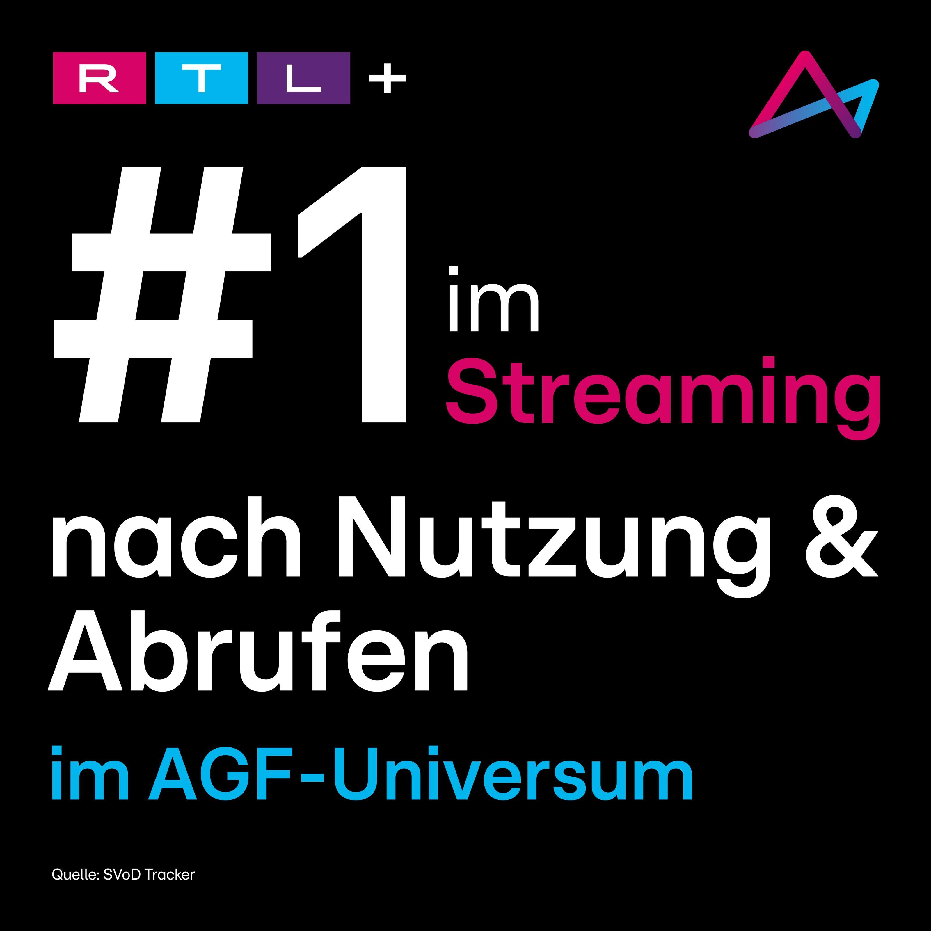 Das Bild zeigt eine Grafik mit dem Schriftzug 'RTL+' und dem Text '#1 im Streaming nach Nutzung & Abrufen im AGF-Universum'. Es wird hervorgehoben, dass RTL+ die führende Streaming-Plattform laut AGF-Universum ist. Die Farben sind hauptsächlich schwarz, weiß, pink, blau und lila, mit dem RTL+ Logo oben links.
#!#
RTL+,Streaming,Nummer 1,AGF-Universum,Nutzung,Abrufen,Plattform,Grafik,Logo,SVoD Tracker