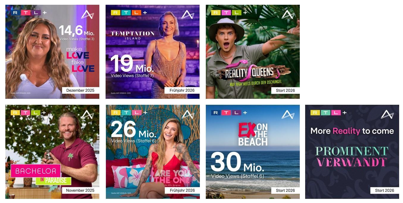 Das Bild zeigt eine Collage verschiedener Reality-TV-Shows, die auf RTL+ verfügbar sind. In der oberen Reihe sind 'Love Island', 'Temptation Island', und 'Reality Queens' abgebildet, jeweils mit den Angaben zu den Videoaufrufen und den Startzeiten. Die untere Reihe zeigt 'Bachelor', 'Are You The One', und 'Ex On The Beach', ebenfalls mit den entsprechenden Videoaufrufen und Startinformationen. Ein weiteres Bild kündigt mehr Reality-Formate an, darunter 'Prominent Verwandt'.
#!#
RTL+,Reality-TV,Love Island,Temptation Island,Reality Queens,Bachelor,Are You The One,Ex On The Beach,Prominent Verwandt,Videoaufrufe