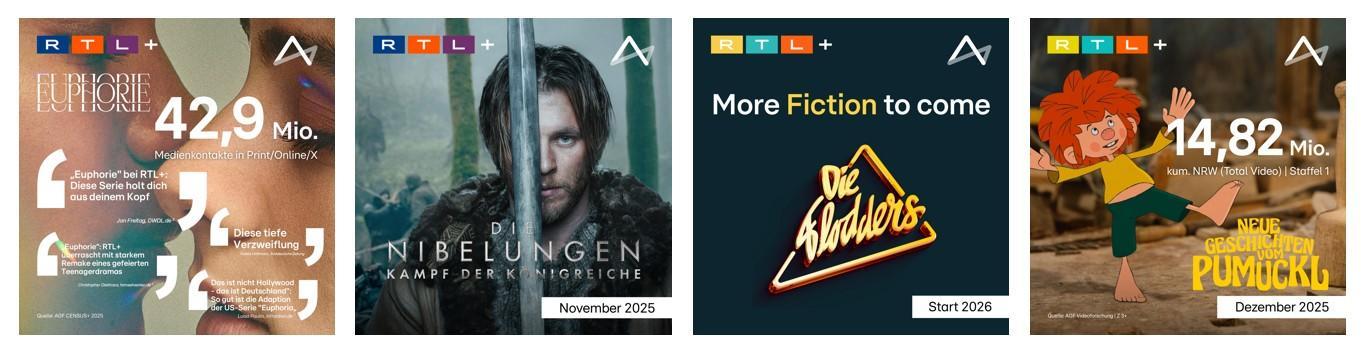 Das Bild zeigt eine Reihe von vier Plakaten, die Inhalte auf RTL+ bewerben. Das erste Plakat hebt die Serie 'Der Schwarm' mit 42,9 Millionen Aufrufen hervor, begleitet von Zitaten und einem unscharfen Hintergrund. Das zweite Plakat zeigt eine Figur mit einem Schwert aus der Serie 'Die Nibelungen', die im November 2025 erscheinen soll. Das dritte Plakat kündigt 'Die Waltons' an, die ab 2026 verfügbar sein werden, mit dem Slogan 'More Fiction to come'. Das vierte Plakat bewirbt 'Neue Geschichten vom Pumuckl', die im Dezember 2025 mit 14,82 Millionen Aufrufen erscheinen sollen, illustriert mit einer Zeichentrickfigur.
#!#
RTL+,Serien,Der Schwarm,Die Nibelungen,Die Waltons,Pumuckl,Streaming,Zuschauerzahlen,Vorschau,Fiktion
