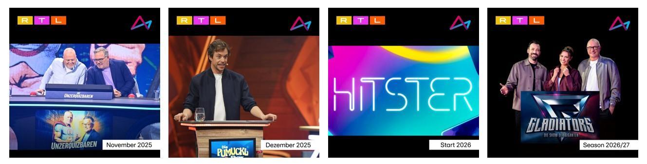 Das Bild zeigt eine Vorschau auf kommende TV-Shows auf RTL II. Links ist ein Bild von zwei Moderatoren, die an einem Tisch stehen, darunter der Titel 'Unfassbar' und der Hinweis auf November 2025. Daneben steht ein Mann an einem Rednerpult mit dem Titel 'Faktencheck' und dem Datum Dezember 2025. In der Mitte befindet sich ein buntes Logo mit dem Schriftzug 'Hitster', das für den Start im Jahr 2026 angekündigt ist. Rechts sind drei Personen mit dem Titel 'Gladiators' und dem Hinweis auf die Saison 2026/27 zu sehen.
#!#
RTL II,Unfassbar,Faktencheck,Hitster,Gladiators,TV-Show,Vorschau,Moderatoren,2025,2026