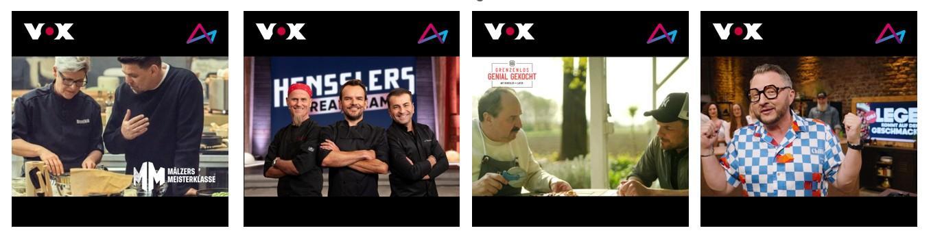 Das Bild zeigt vier verschiedene TV-Sendungen auf dem Kanal VOX. Jede Sendung ist durch ein eigenes Bild dargestellt, das jeweils oben das VOX-Logo und ein weiteres Logo zeigt. Im ersten Bild sind zwei Männer in einer Küche zu sehen. Im zweiten Bild stehen drei Männer in schwarzer Kleidung vor einem Schild mit der Aufschrift 'Hensslers'. Das dritte Bild zeigt zwei Männer im Gespräch an einem Tisch im Freien. Das vierte Bild zeigt einen Mann mit Brille und einem bunten Hemd, der mit erhobenen Händen in einer Studio-Umgebung posiert.
#!#
VOX,TV,Kochshow,Unterhaltung,Küche,Hensslers,Gespräch,Studio,Männer,Sendung