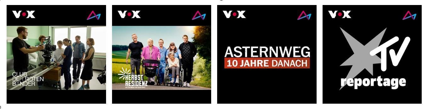 Das Bild zeigt vier verschiedene TV-Programme des Senders VOX. Das erste Bild zeigt eine Gruppe von Menschen in einem Raum mit großen Fenstern, möglicherweise bei einer Diskussion oder einem Treffen. Das zweite Bild präsentiert die Herbstresidenz, bei der eine Gruppe von sieben Personen, darunter eine Person im Rollstuhl, vor einer landschaftlichen Kulisse posiert. Das dritte Bild ist ein einfaches Textbild mit der Aufschrift 'Asternweg 10 Jahre danach'. Das vierte Bild zeigt das Logo einer TV-Reportage mit einem stilisierten Stern und der Aufschrift 'reportage'.
#!#
VOX,Fernsehen,Programme,Gruppenbild,Herbstresidenz,Asternweg,Reportage,Diskussion,Landschaft,Familie