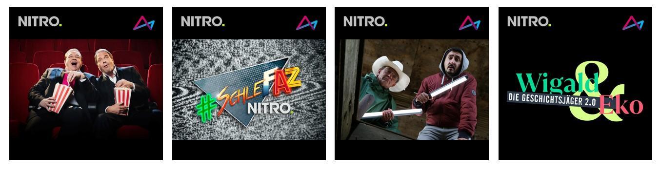 Das Bild zeigt vier verschiedene Fernsehformate des Senders Nitro. Links sitzen zwei Männer in einem Kinosaal und lachen, während sie Popcorn essen. Daneben ist das Logo der Sendung '#SchleFaZ' auf einem strukturierten Hintergrund zu sehen. Das dritte Bild zeigt zwei Männer in historisch anmutenden Kostümen, die eine komische Szene darstellen. Rechts ist das Logo der Sendung 'Wigald & Fritz - Die Geschichtsjäger 2.0' abgebildet. Alle Bilder tragen das Nitro-Logo in der oberen linken Ecke.
#!#
Nitro,Fernsehen,Unterhaltung,Kino,Popcorn,SchleFaZ,Komödie,Geschichte,Wigald,Fritz