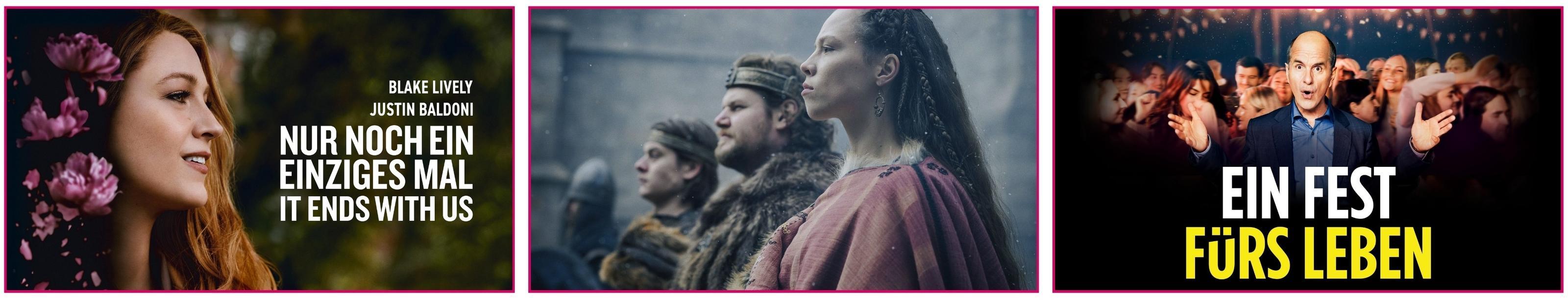 Das Bild zeigt drei nebeneinander angeordnete Filmplakate. Links ist eine Frau mit Blumen im Haar zu sehen mit dem Titel 'Nur noch ein einziges Mal'. In der Mitte stehen Menschen in historischen Kostümen in einer Reihe, die ernsthaft in die Ferne blicken. Rechts ist ein Mann in einem Anzug abgebildet, der vor einem Publikum steht, mit dem Schriftzug 'Ein Fest fürs Leben'.
#!#
Film,Plakat,Frau,Blumen,Kostüme,Geschichte,Publikum,Mann,Leben,Fest