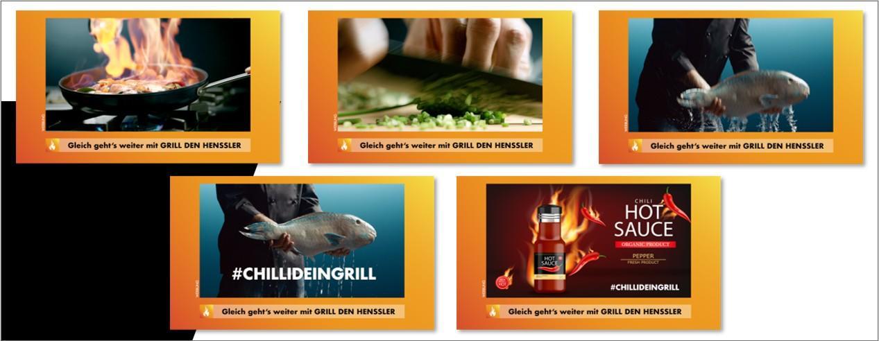 Das Bild zeigt eine Collage aus fünf Bildern, die eine Kochshow oder ein Koch-Event bewerben. Oben links sieht man eine Pfanne mit Flammen, was auf intensives Kochen oder Flambieren hindeutet. Daneben schneidet eine Hand Kräuter oder Gemüse auf einem Schneidebrett, was auf sorgfältige Vorbereitung hinweist. Oben rechts hält eine Person einen großen Fisch, was die Frische und Vielfalt der verwendeten Zutaten unterstreicht. Unten links wird der gleiche Fisch präsentiert, diesmal mit dem Hashtag #CHILLDEINGRILL, was auf eine Social-Media-Kampagne hinweist. Unten rechts wird eine scharfe Sauce mit dem Label 'HOT SAUCE' gezeigt, begleitet von Flammen und dem gleichen Hashtag, was auf die Würze und den Geschmack des präsentierten Essens hinweist. Alle Bilder sind mit einem gelben Rahmen versehen und tragen den Text 'Gleich geht's weiter mit GRILL DEN HENSSLER'.
#!#
Kochen,Flambieren,Kräuter,Fisch,Grill,Henssler,Scharfe Sauce,Kochshow,Social Media,Würze