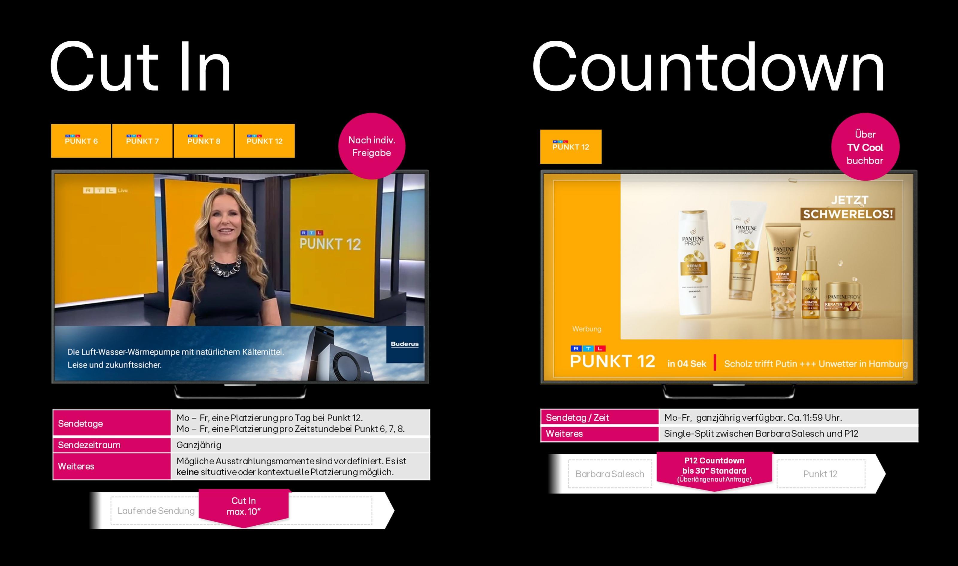 Das Bild zeigt zwei verschiedene Bildschirmdarstellungen eines Fernsehsenders. Auf der linken Seite ist eine Nachrichtensendung mit einer Moderatorin zu sehen, die vor einem gelben Hintergrund steht, auf dem 'PUNKT 12' angezeigt wird. Darunter befinden sich Informationen zur Sendung und der Hinweis 'Noch nicht freigegeben'. Rechts ist eine Werbeeinblendung für eine Produktlinie von Hautpflegeprodukten zu sehen, ebenfalls mit dem 'PUNKT 12'-Logo. Hier wird darauf hingewiesen, dass das Produkt über TV erhältlich ist.
#!#
TV,PUNKT 12,Nachrichten,Werbung,Moderatorin,Produktplatzierung,Fernsehprogramm,Sendung,Hautpflege,Bildschirm