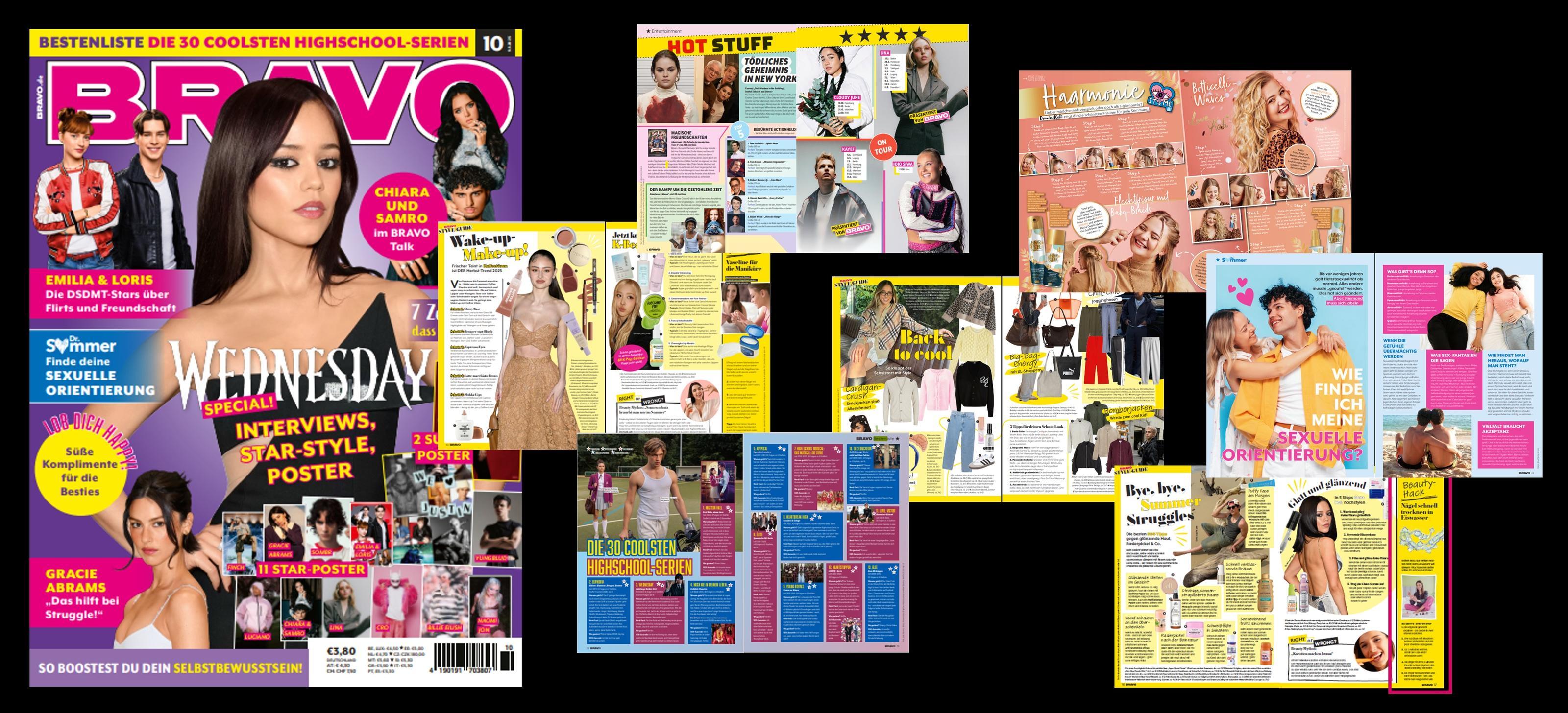 Das Bild zeigt eine Ausgabe des BRAVO Magazins mit verschiedenen Artikeln und Bildern. Auf dem Cover ist eine junge Frau im Mittelpunkt, umgeben von Schlagzeilen und kleineren Bildern anderer Prominenter. Die Innenseiten des Magazins sind mit bunten Layouts gestaltet und enthalten eine Mischung aus Interviews, Modetipps, Serienempfehlungen und Postern. Es gibt auch Bewertungen und Meinungen zu aktuellen Themen und Prominenten.
#!#
BRAVO,Magazin,Prominente,Serien,Interviews,Mode,Poster,Bewertungen,Stars,Unterhaltung
