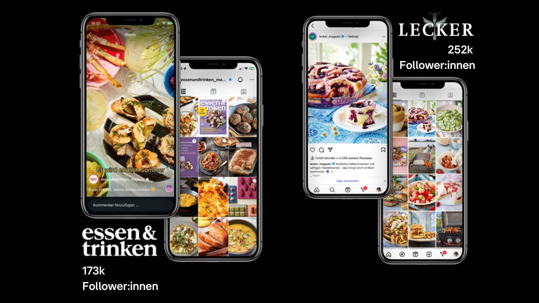 Das Bild zeigt zwei Smartphones, die jeweils die Instagram-Seiten 'essen & trinken' und 'LECKER' darstellen. Die Seite 'essen & trinken' hat 173.000 Follower:innen und zeigt verschiedene kulinarische Bilder, darunter Gerichte und Zutaten. Die Seite 'LECKER' hat 252.000 Follower:innen und präsentiert ebenfalls eine Vielzahl von Essensbildern. Beide Seiten scheinen sich auf ansprechende visuelle Darstellungen von Lebensmitteln zu konzentrieren und haben eine große Followerbasis.
#!#
Instagram,essen & trinken,LECKER,kulinarisch,Social Media,Lebensmittel,Foodblog,Follower,Rezepte,Visuelle Inhalte