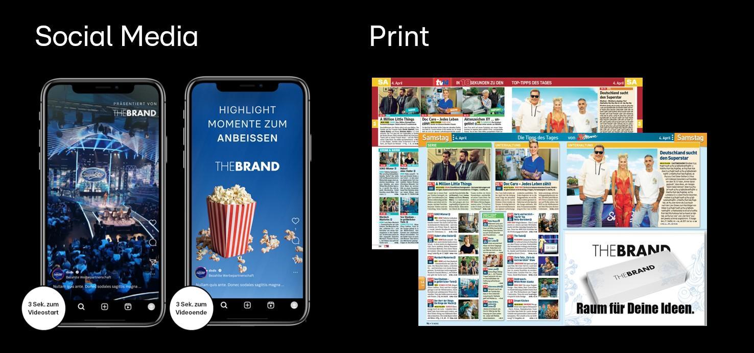 Das Bild zeigt einen Vergleich zwischen Social Media und Print-Werbung. Auf der linken Seite sind zwei Smartphones mit Social Media Anzeigen. Eines zeigt eine Konzertszene, das andere eine Popcorn-Werbung mit dem Text 'Highlight Momente zum Anbeißen' und dem Logo 'The Brand'. Beide Anzeigen sind 3,5 Sekunden lang. Auf der rechten Seite sind mehrere Printseiten einer Zeitschrift mit bunten Bildern und Texten zu sehen. Unten rechts ist eine Anzeige mit dem Slogan 'Raum für Deine Ideen' und dem Logo 'The Brand'. Das Bild veranschaulicht die unterschiedlichen Ansätze der Werbung in digitalen und gedruckten Medien.
#!#
Social Media,Print,Werbung,Smartphone,Zeitschrift,Konzert,Popcorn,The Brand,Digital,Anzeigen