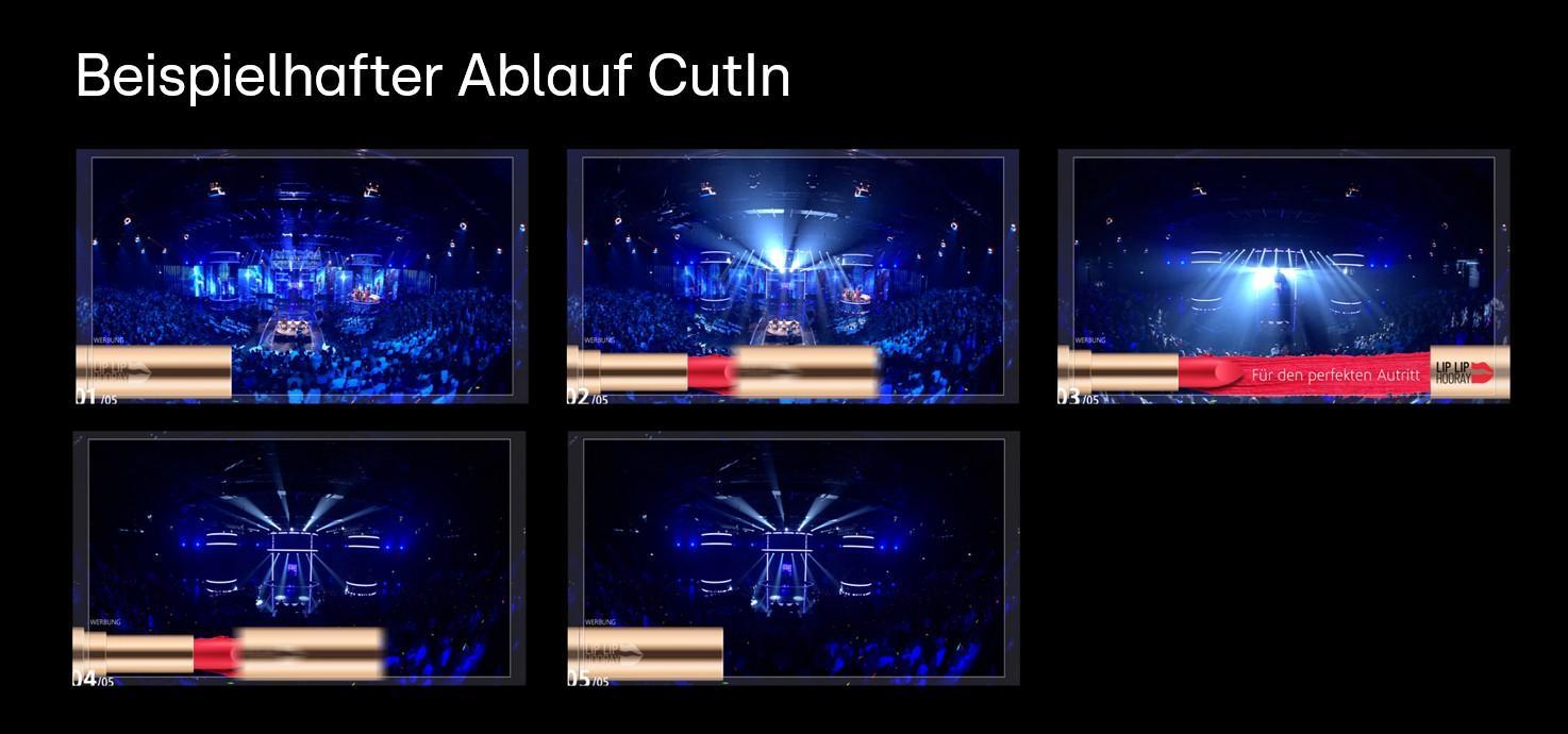 Das Bild zeigt fünf Screenshots, die den Ablauf einer Veranstaltung illustrieren. Jeder Screenshot zeigt eine große, blau beleuchtete Bühne mit einem Publikum im Hintergrund. Die Bilder scheinen auf einem Bildschirm oder einer Präsentation gezeigt zu werden, da sie schwarze Rahmen und eine Titelzeile mit der Aufschrift 'Beispielhafter Ablauf CutIn' haben. Verschiedene Phasen des Events sind zu sehen, indem die Beleuchtung und die Perspektive in jedem Bild leicht variieren.
#!#
Event,Präsentation,Bühne,Publikum,Beleuchtung,Screenshots,Veranstaltung,Ablauf,Visuell,CutIn