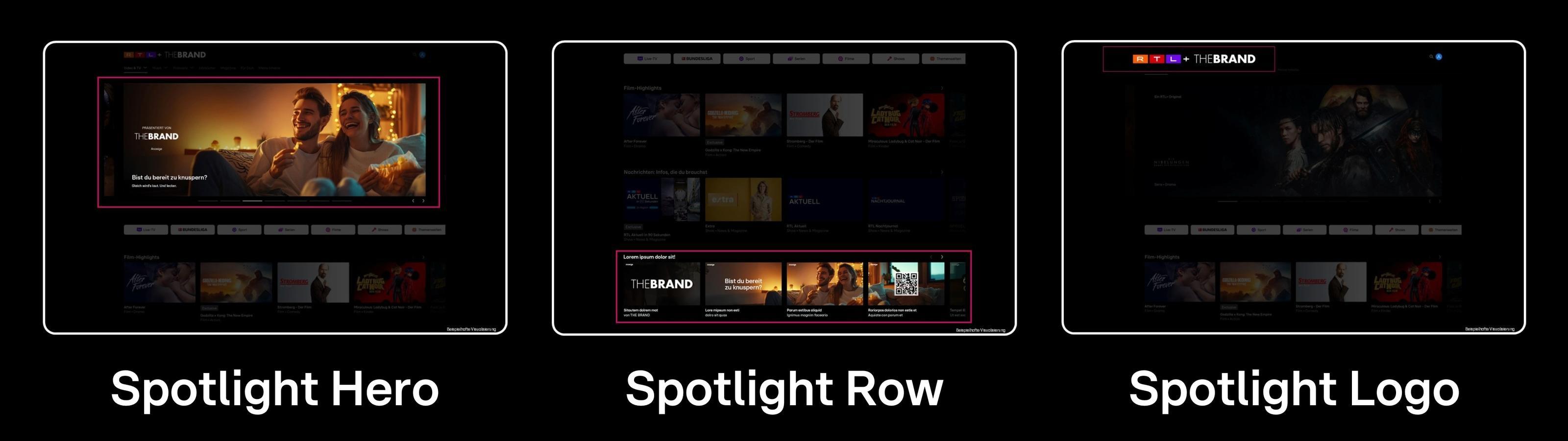 Das Bild zeigt drei verschiedene Layout-Optionen für die Präsentation von Inhalten auf einer Webseite. Links ist das 'Spotlight Hero' Design zu sehen, das einen großen, zentral platzierten Inhalt hervorhebt. In der Mitte wird das 'Spotlight Row' Design gezeigt, das eine Reihe von Inhalten in horizontaler Anordnung präsentiert. Rechts ist das 'Spotlight Logo' Design abgebildet, das einen prominenten Logo-Bereich mit Platz für weitere Inhalte darunter darstellt.
#!#
Spotlight,Webdesign,Hero,Row,Logo,Layout,Präsentation,Inhalte,Webseite,Design