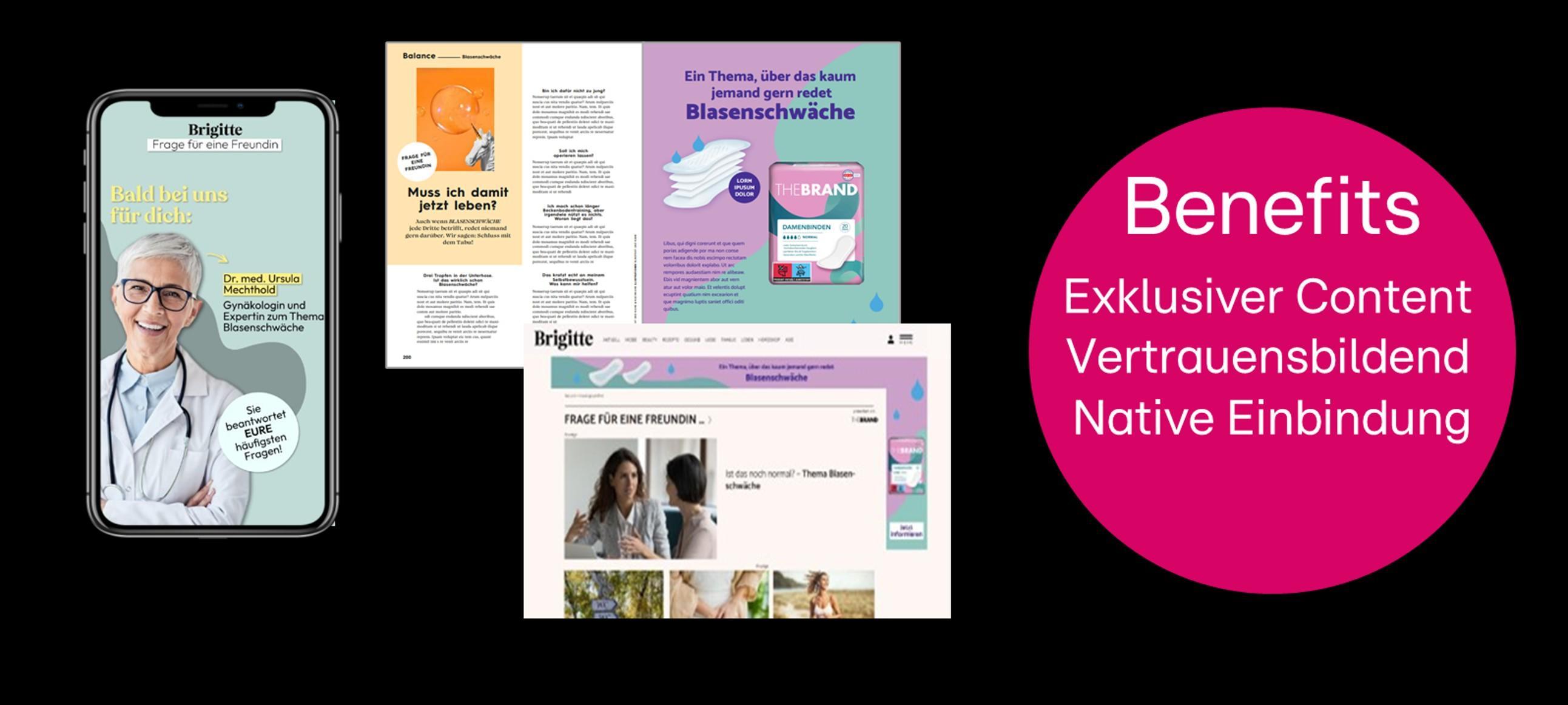 Das Bild zeigt eine Werbekampagne für eine digitale Plattform mit mehreren visuellen Elementen. Links ist ein Smartphone mit einer digitalen Zeitschrift zu sehen, auf der eine ältere Frau abgebildet ist. Rechts daneben befinden sich mehrere digitale Layouts, die Artikel und Informationen zu Gesundheitsthemen darstellen. Der Hintergrund ist schwarz, und auf der rechten Seite befindet sich ein rosa Kreis mit den Worten 'Benefits: Exklusiver Content, Vertrauensbildend, Native Einbindung'.
#!#
Werbung,digitale Medien,Exklusivität,Gesundheitsinformationen,Vertrauen,native Einbindung,Zeitschrift,Kampagne,Brigitte,Content