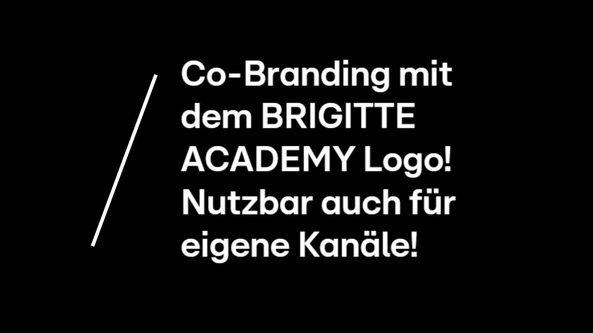 Das Bild zeigt einen schwarzen Hintergrund mit weißem Text, der über die Möglichkeit des Co-Brandings mit dem BRIGITTE ACADEMY Logo informiert. Es wird hervorgehoben, dass das Logo auch für eigene Kanäle nutzbar ist. Der Text ist in einer modernen, klaren Schriftart gehalten und wird durch einen weißen, diagonalen Strich linksseitig ergänzt.
#!#
Co-Branding,BRIGITTE ACADEMY,Logo,Marketing,Design,Kanäle,Grafik,Werbung,Branding,Kommunikation