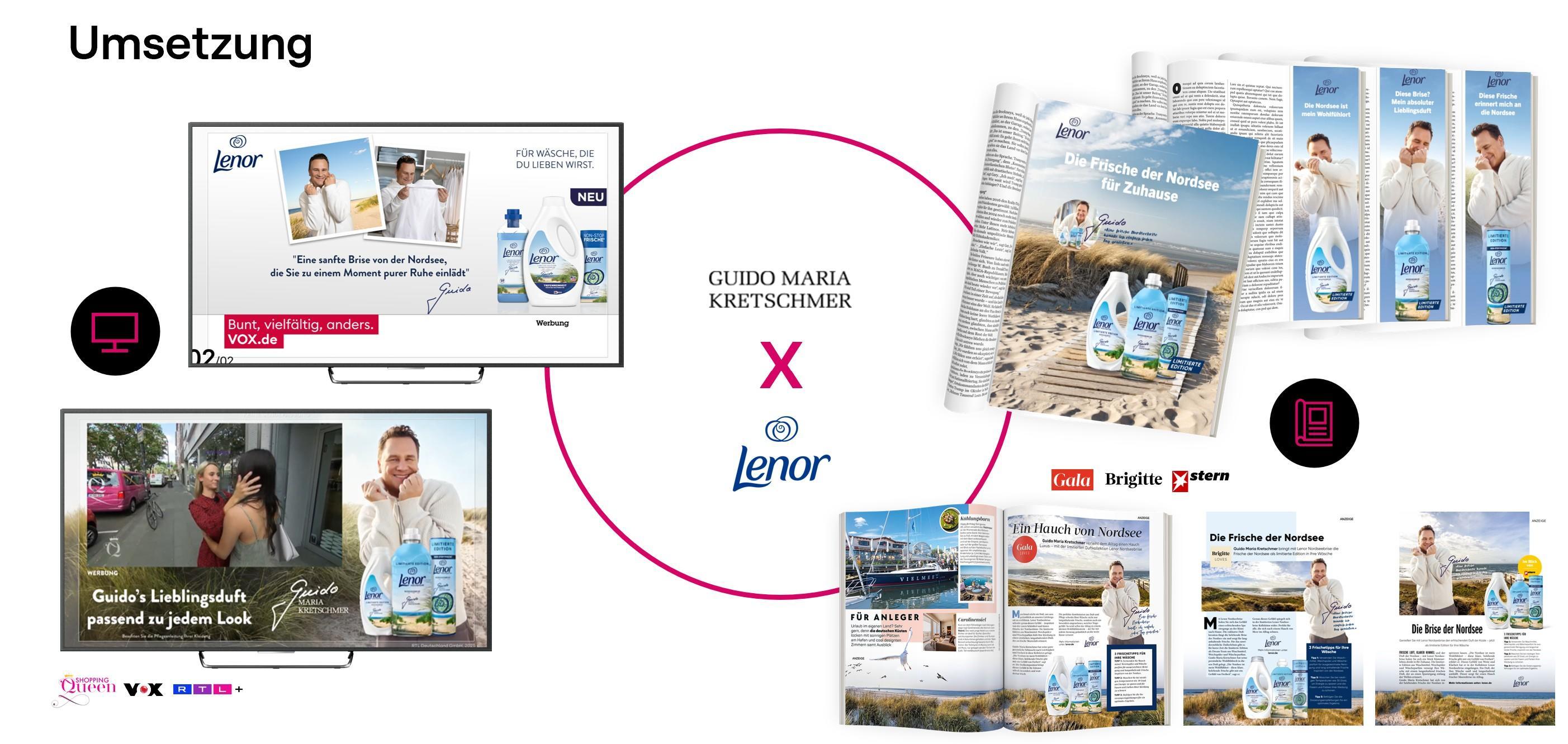 Das Bild zeigt eine Werbekampagne von Guido Maria Kretschmer in Zusammenarbeit mit Lenor. Verschiedene Medienformate wie TV-Spots, Printanzeigen und Online-Banner sind abgebildet. Im Zentrum steht ein Kreis mit den Namen der Beteiligten und dem Lenor-Logo. Links sind TV-Clips zu sehen, rechts Printanzeigen und Online-Banner. Die Kampagne legt Wert auf Mode und Frische.
#!#
Guido Maria Kretschmer,Lenor,Werbung,Kampagne,Mode,Frische,TV-Spots,Printanzeigen,Online-Banner,Zusammenarbeit