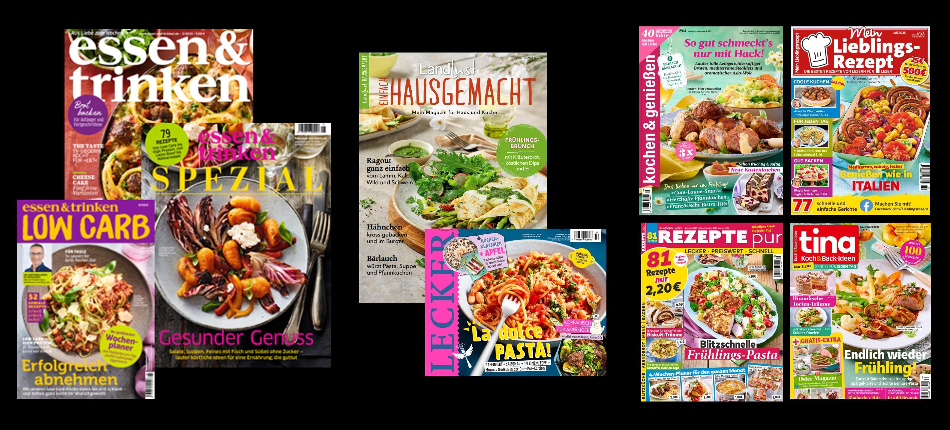 Das Bild zeigt eine Sammlung verschiedener Koch- und Backmagazine. Links sind mehrere Ausgaben von 'essen & trinken' zu sehen, darunter ein Low-Carb-Special und ein Spezial zur gesunden Ernährung. In der Mitte befindet sich ein Cover von 'Hausgemacht', das ein Gericht mit frischen Salaten präsentiert. Daneben ist ein Heft von 'Lecker' mit einem Pasta-Thema abgebildet. Rechts sind weitere Magazine, darunter 'Meine Lieblings-Rezept' und 'tina', die verschiedene kulinarische Themen und Rezepte abdecken.
#!#
Kochen,Rezepte,Magazin,Essen,Trinken,Gesundheit,Low Carb,Pasta,Hausgemacht,Frühling