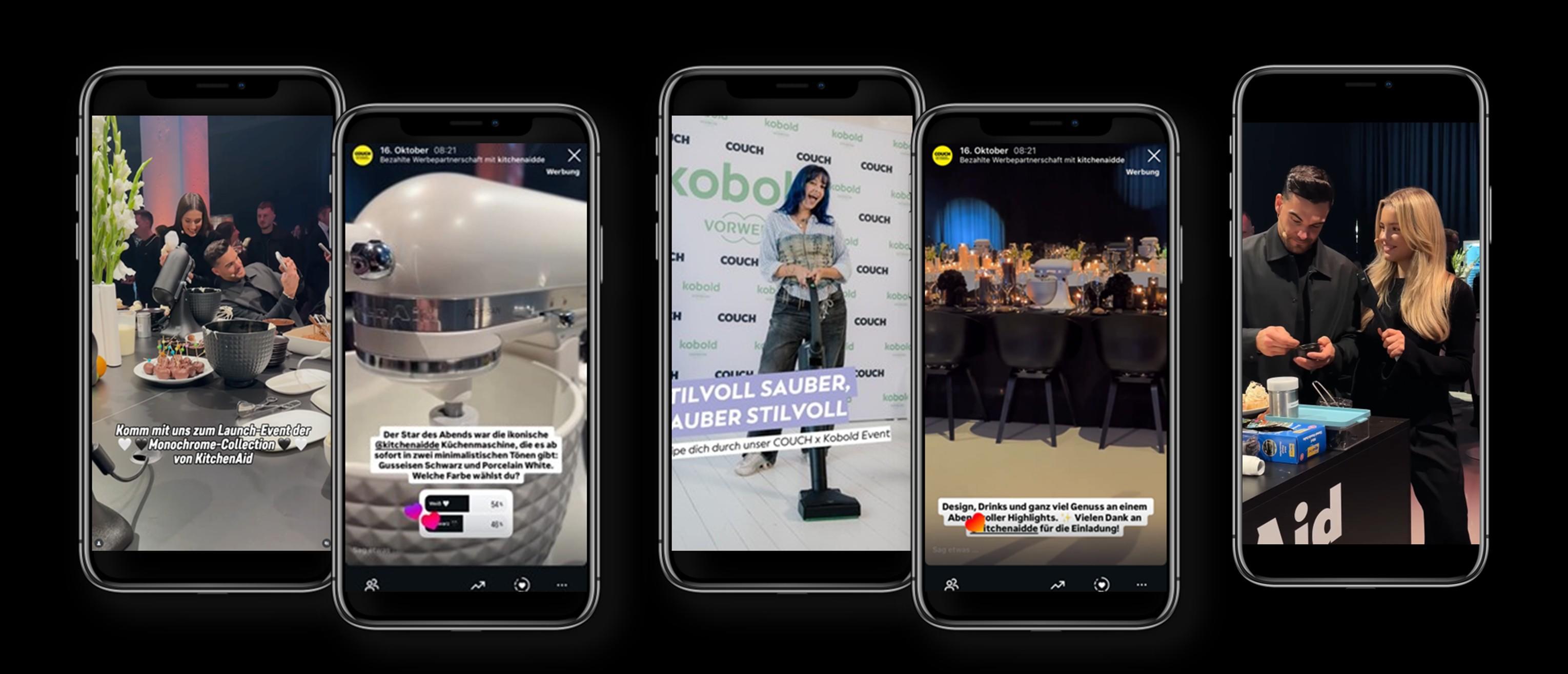 Das Bild zeigt fünf Smartphones, die jeweils einen Screenshot von einer Veranstaltung oder Messe präsentieren. Auf den Bildschirmen sind verschiedene Szenen zu sehen: Ein elegantes Abendessen, ein glänzender Roboter, eine Frau auf einem Podium, eine Gruppe von Menschen in einem Konferenzraum und zwei Personen, die ein Gerät betrachten. Die Szenen vermitteln eine Mischung aus Technologie, Innovation und stilvollen Präsentationen. Die Smartphones sind auf einem schwarzen Hintergrund platziert.
#!#
Technologie,Innovation,Messe,Roboter,Abendessen,Präsentation,Konferenz,Smartphone,Event,Design