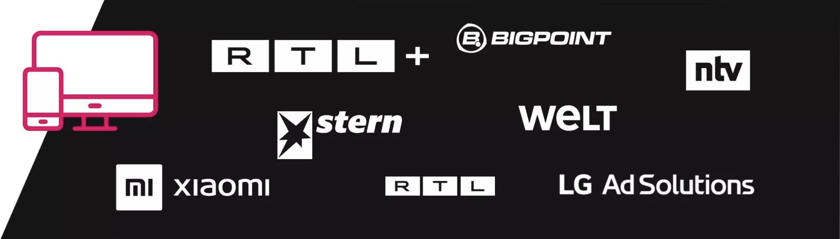Das Bild zeigt Logos verschiedener Marken und Unternehmen vor einem schwarzen Hintergrund. Oben links sind stilisierte Icons eines Computers, Tablets und Smartphones in Rosa dargestellt, die auf digitale Medien hinweisen. Zu den abgebildeten Marken gehören RTL+, Bigpoint, ntv, Stern, Welt, Xiaomi, LG AdSolutions und RTL. Diese Logos repräsentieren Unternehmen aus den Bereichen Medien, Unterhaltung und Technologie.
#!#
Medien,Technologie,RTL,Xiaomi,Bigpoint,ntv,Stern,Welt,LG AdSolutions,Digitale Plattformen