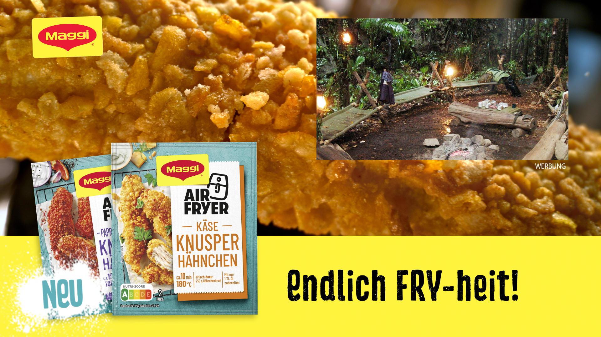 Das Bild zeigt eine Werbung für Maggi Air Fryer Produkte, die speziell für die Zubereitung von knusprigem Käse-Knusper-Hähnchen entwickelt wurden. Der Hintergrund zeigt eine Nahaufnahme von goldbraunem, knusprigem Hähnchen. Im Vordergrund sind zwei Verpackungen der Maggi Air Fryer Serie zu sehen. Der Slogan 'Endlich FRY-heit!' betont die Einfachheit und Bequemlichkeit der Zubereitung. Eine kleine Abbildung im Bild zeigt ein Outdoor-Kochszenario in einem Wald mit einer rustikalen Feuerstelle.
#!#
Maggi,Air Fryer,Knusperhähnchen,Werbung,Käse,Slogan,Zubereitung,Kochen,Outdoor,Freiheit