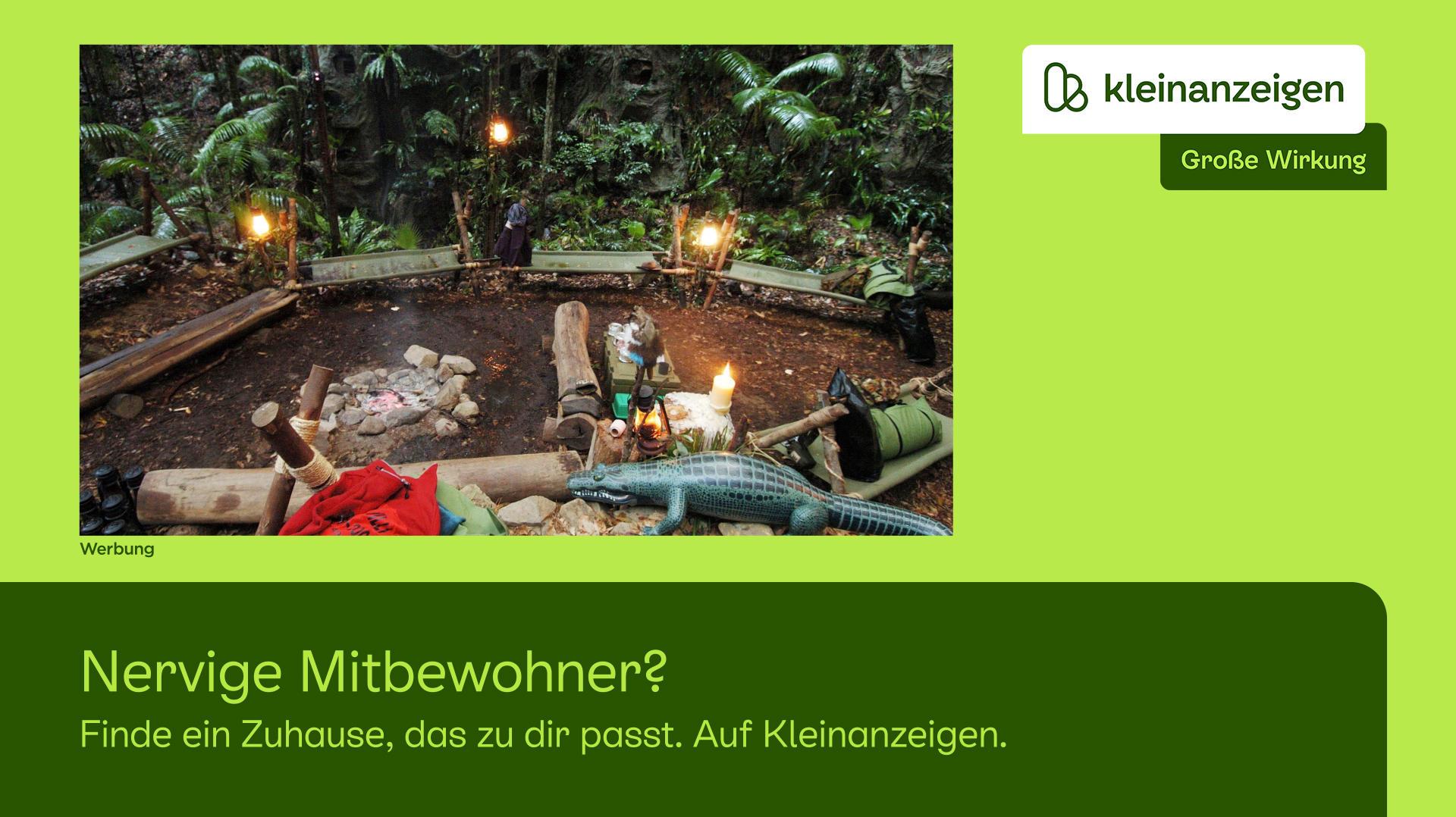 Das Bild zeigt eine Werbeanzeige von Kleinanzeigen. Im oberen Teil des Bildes sieht man eine Waldszene mit einem Lagerfeuerplatz, umgeben von dichten Bäumen und Pflanzen. Im Vordergrund sind Holzstämme als Sitzgelegenheiten um das Feuer arrangiert. Ein aufblasbares Krokodil und einige Decken liegen auf den Stämmen. Die Szenerie ist mit mehreren hängenden Lampen beleuchtet, die eine gemütliche Atmosphäre schaffen. Im unteren Teil des Bildes befindet sich ein grüner Bereich mit der Aufschrift 'Nervige Mitbewohner? Finde ein Zuhause, das zu dir passt. Auf Kleinanzeigen.'
#!#
Kleinanzeigen,Werbung,Wald,Lagerfeuer,Mitbewohner,Zuhause,Atmosphäre,Beleuchtung,Natur,Entspannung