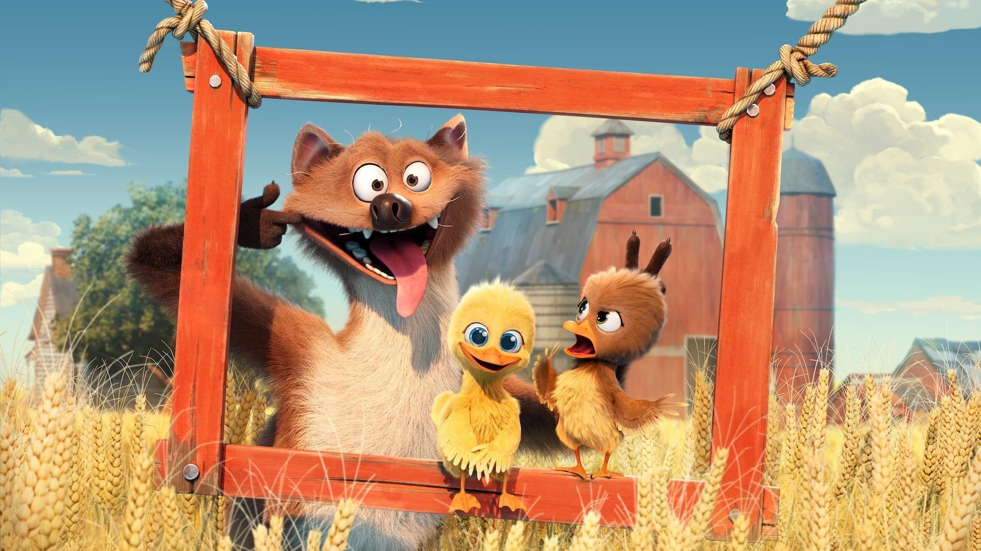 Das Bild zeigt eine fröhliche Szene auf einem Bauernhof, wo ein Fuchs und zwei Küken durch einen hölzernen Rahmen schauen. Im Hintergrund ist eine rote Scheune zu sehen, umgeben von goldenen Weizenfeldern. Der Himmel ist blau mit wenigen weißen Wolken. Der Fuchs lächelt breit und hält den Rahmen, während die Küken lebhaft und neugierig wirken. Die gesamte Szene strahlt eine warme und freundliche Atmosphäre aus.
#!#
Fuchs,Küken,Bauernhof,Scheune,Weizenfelder,Freundschaft,Natur,Fröhlichkeit,Tiere,Rahmen