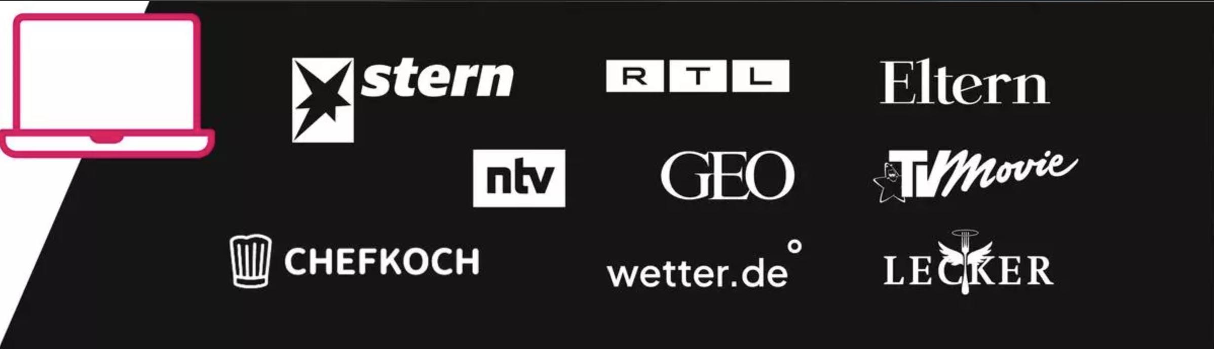 Das Bild zeigt eine Sammlung von Logos verschiedener bekannter deutscher Medienmarken auf einem schwarzen Hintergrund. Links befindet sich ein stilisiertes, pinkes Laptop-Symbol. Die Logos sind in weiß gehalten und umfassen Marken wie 'stern', 'RTL', 'Eltern', 'ntv', 'GEO', 'TV Movie', 'Chefkoch', 'wetter.de' und 'Lecker'. Die Anordnung der Logos ist in zwei Reihen, wobei einige Logos größer als andere dargestellt sind.
#!#
Medien,Deutschland,Logos,Stern,RTL,ntv,GEO,Chefkoch,Wetter,Lecker