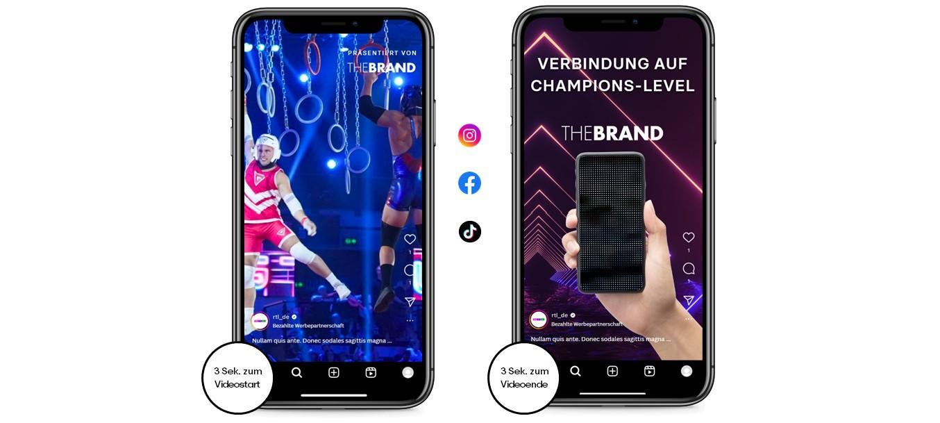 Das Bild zeigt zwei Smartphones, die jeweils eine Werbung für 'TheBrand' präsentieren. Das linke Telefon zeigt eine sportliche Szene mit einem Athleten, der in einem roten Outfit an Ringen trainiert, begleitet vom Logo 'TheBrand'. Das rechte Telefon zeigt eine Hand, die ein Smartphone hält, mit dem Text 'Verbindung auf Champions-Level' und dem Logo 'TheBrand'. Auf beiden Bildschirmen sind Symbole von sozialen Medien wie Instagram, Facebook und TikTok zu sehen. Unten auf beiden Telefonen steht '3 Sek. zum Videotext'.
#!#
Smartphone,Werbung,TheBrand,Social Media,Sport,Athlet,Ringe,Instagram,Facebook,TikTok
