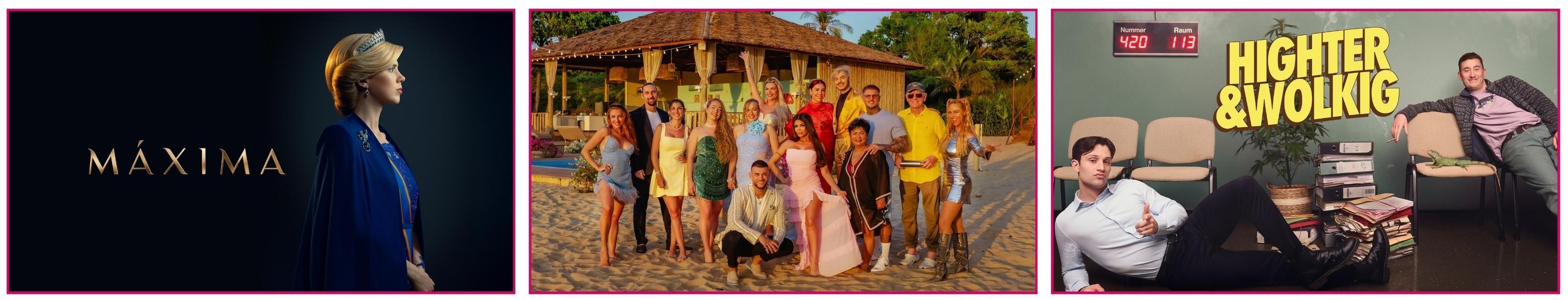 Das Bild zeigt drei verschiedene Serien. Links ist das Poster von 'Máxima' mit einer elegant gekleideten Person im Profil vor einem dunklen Hintergrund. In der Mitte befindet sich ein Gruppenfoto von Menschen in sommerlicher Kleidung vor einem rustikalen Gebäude, was eine Abenteuerserie andeutet. Rechts ist eine humorvolle Szene mit zwei Männern in einer Lobby; einer sitzt entspannt auf einem Stuhl, während der andere auf dem Boden liegt, umgeben von Stühlen und einem Schild mit dem Titel 'Higher & Wolkig'.
#!#
Máxima,Drama,Abenteuer,Comedy,Gruppenfoto,Sommer,Rustikales Gebäude,Humor,Lobby,Serienposter