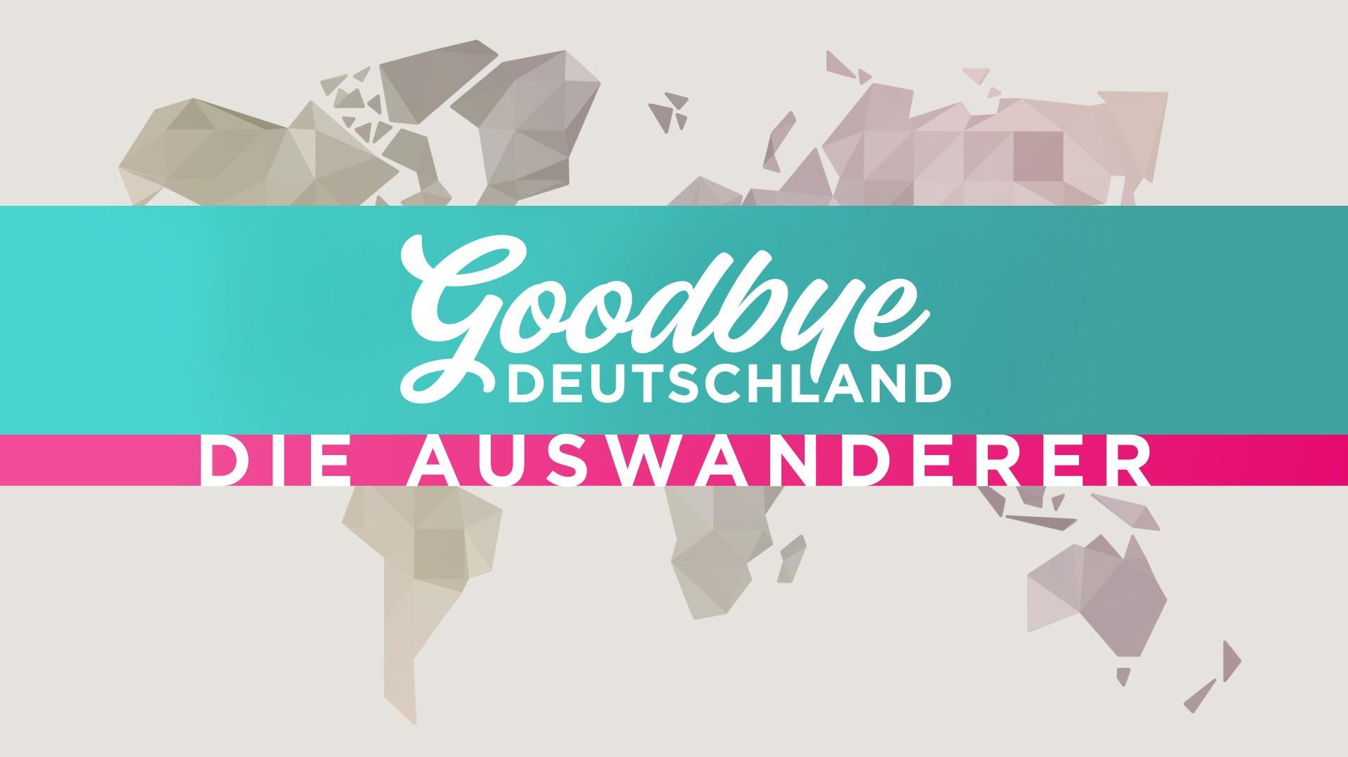 Das Bild zeigt das Logo der TV-Sendung 'Goodbye Deutschland: Die Auswanderer'. Im Hintergrund ist eine stilisierte Weltkarte in geometrischen Formen zu sehen. Die Schrift 'Goodbye Deutschland' ist in geschwungenem Weiß auf einem türkisfarbenen Balken, darunter steht 'Die Auswanderer' in Blockschrift auf einem pinken Streifen.
#!#
Goodbye Deutschland,Auswanderer,TV-Sendung,Logo,Weltkarte,Geometrisch,Türkis,Pink,Schriftzug,Deutschland