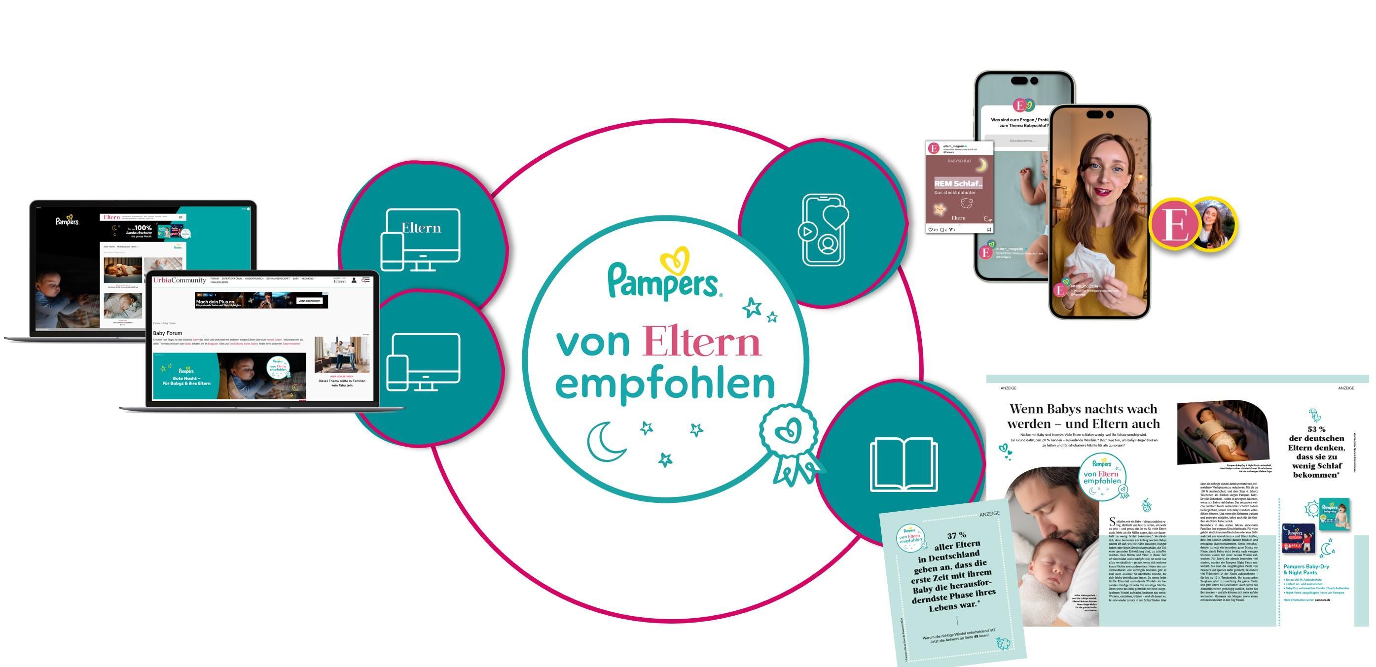 Das Bild zeigt eine Werbegrafik für Pampers, die von Eltern empfohlen wird. Im Zentrum befindet sich ein Kreis mit dem Pampers-Logo und dem Text 'von Eltern empfohlen'. Rund um den Kreis sind verschiedene Medien abgebildet, darunter ein Laptop, ein Tablet, ein Buch und Smartphones, die jeweils Inhalte und Bilder zu Pampers zeigen. Die Grafik vermittelt den Eindruck, dass Pampers in verschiedenen Formaten und Medien präsent ist und von Eltern geschätzt wird.
#!#
Pampers,Eltern,Empfehlung,Werbung,Medien,Laptop,Smartphone,Tablet,Buch,Grafik