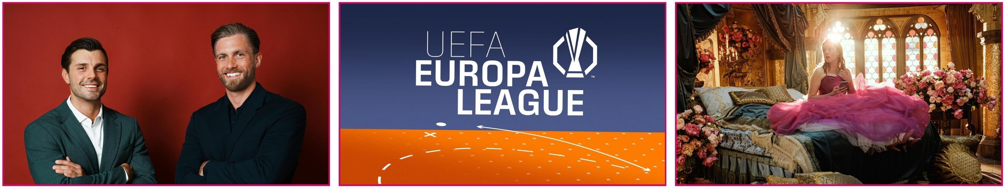 Das Bild zeigt drei verschiedene Szenen nebeneinander. Links stehen zwei lächelnde Männer in eleganter Kleidung vor einem roten Hintergrund. In der Mitte ist das Logo der UEFA Europa League auf einem blauen Hintergrund mit orangen Linien zu sehen. Rechts liegt eine Person in einem prächtigen Raum auf einem Bett, umgeben von luxuriöser Dekoration und Blumen, in einem märchenhaften Ambiente.
#!#
Männer,UEFA,Europa League,Sport,Fußball,Luxus,Märchen,Dekoration,Blumen,Eleganz