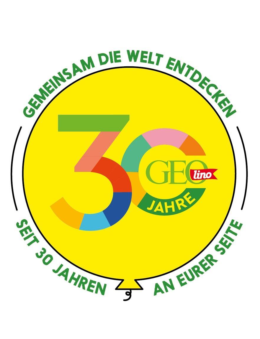 Das Bild zeigt ein buntes Logo zum 30-jährigen Jubiläum von GEOlino, einer Zeitschrift für Kinder. In der Mitte des Kreises steht die Zahl 30 in großen, farbenfrohen Buchstaben. Das Wort 'Jahre' ist in einem kleineren gelben Kreis innerhalb der Null platziert. Der Schriftzug 'GEOlino' ist ebenfalls in die Null integriert. Am oberen Rand des Kreises steht der Slogan 'Gemeinsam die Welt entdecken' und am unteren Rand 'Seit 30 Jahren an eurer Seite', beides in grüner Schrift auf weißem Hintergrund.
#!#
Jubiläum,GEOlino,30 Jahre,Kinderzeitschrift,Entdeckung,Slogan,bunt,Feier,Logo,Kreis