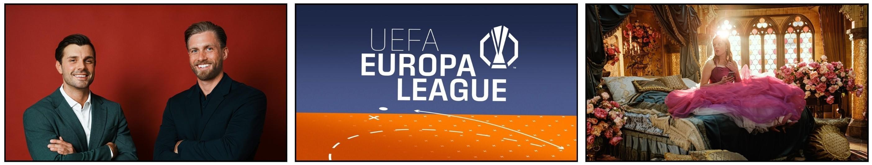 Das Bild zeigt drei unterschiedliche Szenen. Links sind zwei lächelnde Männer in formeller Kleidung vor einem roten Hintergrund zu sehen. In der Mitte befindet sich das Logo der UEFA Europa League auf einem blauen Hintergrund mit einem orangefarbenen Muster. Rechts liegt eine Person in einem prächtigen, blütenreichen Zimmer auf einem Bett, umgeben von warmem Licht.
#!#
Männer,Porträt,UEFA,Europa League,Sport,Logo,Kunst,Blumen,Raum,Eleganz