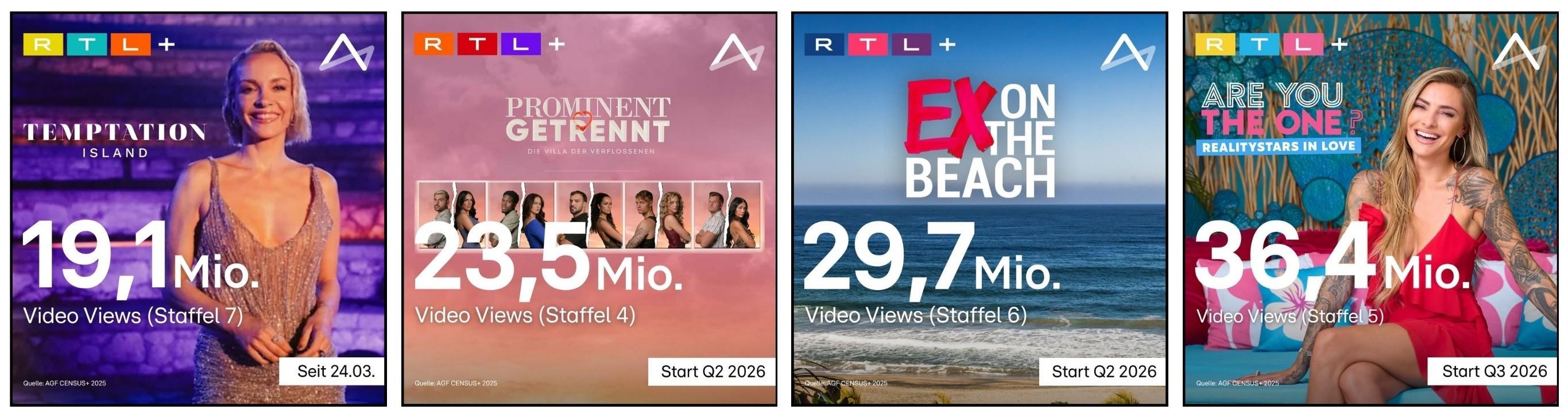Das Bild zeigt vier Werbeanzeigen für erfolgreiche Reality-TV-Shows auf RTL+. Die Shows sind 'Temptation Island', 'Prominent Getrennt', 'Ex on the Beach' und 'Are You The One'. Jede Anzeige gibt die Anzahl der Videoaufrufe in Millionen an, von 19,1 Mio. bis 36,4 Mio., und die Startdaten der Staffeln. Die Hintergründe der Anzeigen variieren von einem Strandbild bis zu Studioporträts.
#!#
RTL,Reality-TV,Temptation Island,Prominent Getrennt,Ex on the Beach,Are You The One,Video Views,Staffelstart,Werbung,Shows