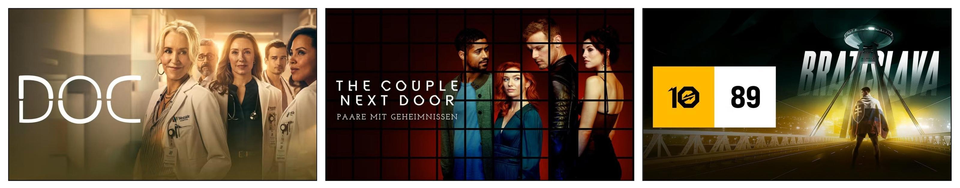 Das Bild zeigt eine Collage aus drei verschiedenen TV-Serien und Shows. Links ist ein Bild von 'DOC' mit mehreren Ärzten in weißen Kitteln. In der Mitte sieht man ein Poster von 'The Couple Next Door', das vier Personen in eleganter Kleidung vor einem dunklen Hintergrund zeigt. Rechts ist ein Bild von 'Bratnava', das eine futuristische Szene mit einem UFO und einer Person in einem langen Mantel darstellt.
#!#
TV-Serien,DOC,Ärzte,The Couple Next Door,Geheimnisse,Bratnava,Futuristisch,UFO,Spannung,Unterhaltung