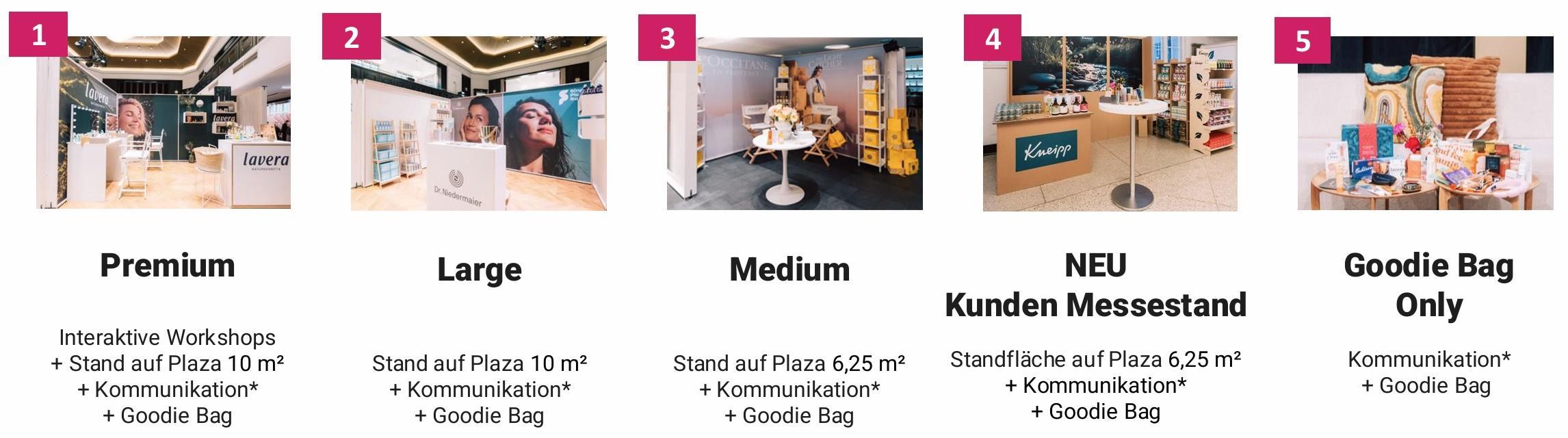 Das Bild zeigt fünf verschiedene Messepakete, die von Premium bis Goodie Bag Only reichen. Jedes Paket bietet unterschiedliche Standgrößen und Extras. Das Premium-Paket umfasst interaktive Workshops und einen großen Stand auf der Plaza, während das Large-Paket ebenfalls einen großen Stand bietet. Das Medium-Paket und der neue Kunden-Messestand bieten eine kleinere Standfläche, aber ähnliche Vorteile. Das Goodie Bag Only-Paket konzentriert sich auf Kommunikation und bietet ein Goodie Bag.
#!#
Messe,Workshops,Standoptionen,Kommunikation,Goodie Bag,Premium,Large,Medium,Kundenstand,Plaza