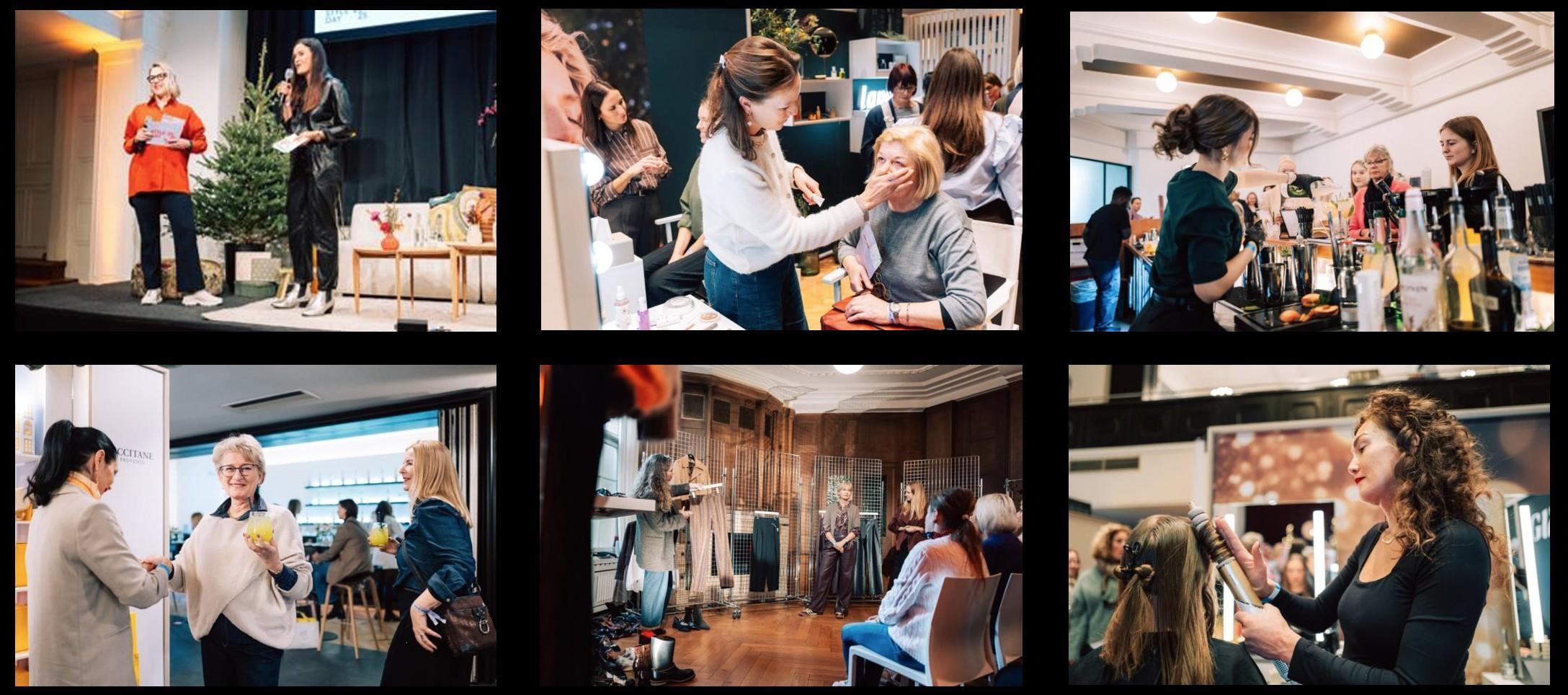 Das Bild zeigt eine Collage von sechs Fotografien, die verschiedene Szenen eines Networking-Events darstellen. In der oberen linken Ecke steht eine Frau auf einer Bühne, während eine andere Person in der Nähe steht. Daneben sieht man eine Frau, die einer anderen Frau professionelles Make-up aufträgt. Rechts davon befinden sich zwei Frauen, die an einem Tisch mit verschiedenen Getränken und Gläsern arbeiten. In der unteren Reihe links unterhalten sich zwei Frauen mit Getränken in der Hand, während in der Mitte eine Gruppe von Menschen in einem Raum sitzt und einer Präsentation lauscht. Ganz rechts unten ist eine Frau zu sehen, die einer anderen Frau die Haare stylt.
#!#
Networking,Event,Präsentation,Workshop,Make-up,Hairstyling,Getränke,Interaktion,Frauen,Business