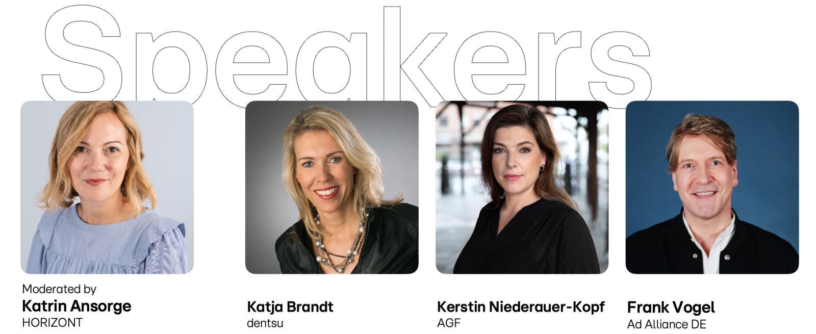 Das Bild zeigt vier Personen, die als Redner bei einer Veranstaltung aufgeführt sind. Von links nach rechts sind sie: eine Frau mit blonder Frisur, die als Moderatorin bezeichnet wird, eine weitere Frau mit blonder Frisur, eine Frau mit dunklem Haar und ein Mann mit hellem Haar. Über den Porträts ist das Wort 'Speakers' zu lesen, was darauf hinweist, dass diese Personen als Sprecher auf einer Konferenz oder einem Event fungieren.
#!#
Speakers,Konferenz,Moderation,Medien,Werbung,Event,Porträts,Experten,Branche,Gespräch