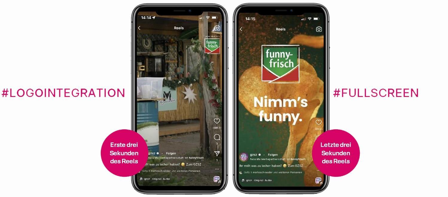 Das Bild zeigt zwei Smartphones, die Instagram Reels abspielen. Auf dem linken Bildschirm ist ein Reel mit einem weihnachtlich dekorierten Raum zu sehen, während auf dem rechten Bildschirm eine Großaufnahme einer Chipstüte der Marke funny-frisch angezeigt wird. Die Chipstüte trägt den Slogan 'Nimm's funny.' Über den Smartphones befinden sich die Hashtags #LOGOINTEGRATION und #FULLSCREEN, die auf die Werbestrategie hinweisen, bei der das Markenlogo in den ersten drei Sekunden und eine Vollbildanzeige der Marke in den letzten drei Sekunden des Reels integriert wird.
#!#
Instagram,Reels,Werbung,Logo,Vollbild,Smartphones,funny-frisch,Marketing,Social Media,Chips