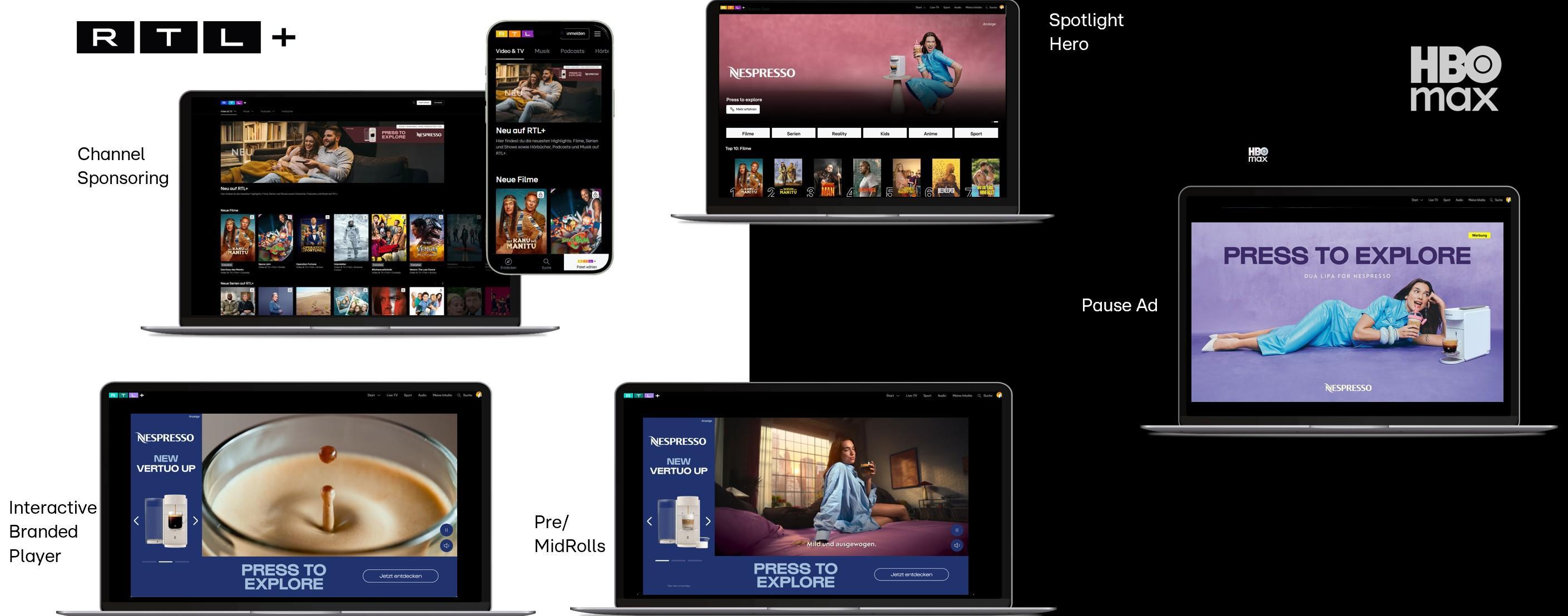 Das Bild zeigt verschiedene Werbeformate auf Streaming-Plattformen wie RTL+ und HBO Max. Zu sehen sind mehrere Laptops und ein Smartphone, die unterschiedliche Anzeigen präsentieren, darunter Channel Sponsoring, Spotlight Hero, Pause Ads, Pre/MidRolls und ein interaktiver Branded Player. Diese Formate bieten verschiedene Möglichkeiten der Markenpräsentation, um mit den Zuschauern zu interagieren.
#!#
Streaming,Werbung,RTL+,HBO Max,Laptop,Smartphone,Spotlight Hero,Pause Ad,Branded Player,Channel Sponsoring