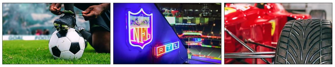 Das Bild zeigt eine Collage aus drei verschiedenen Sportarten. Links ist ein Fußballer zu sehen, der seine Schuhe auf einem grünen Spielfeld schnürt. In der Mitte befindet sich ein leuchtendes NFL-Logo mit dem Schriftzug 'RTL' im Hintergrund eines Stadions. Rechts ist ein Detail eines roten Formel 1-Autos mit einem großen Reifen abgebildet.
#!#
Fußball,NFL,Formel 1,Sport,Spielfeld,Logo,RTL,Stadion,Auto,Reifen