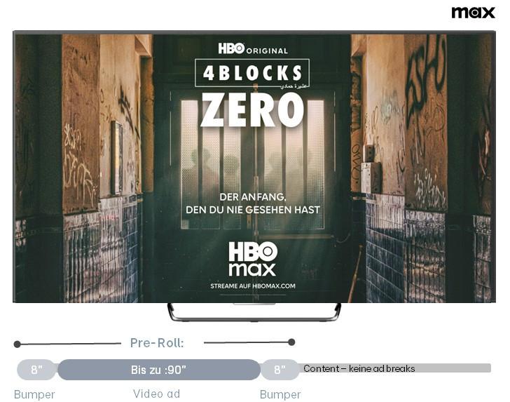 Das Bild zeigt einen Werbebildschirm für die HBO-Serie '4 Blocks Zero'. Im Mittelpunkt steht eine Tür mit der Aufschrift 'ZERO' in großen weißen Buchstaben. Darüber ist der Titel '4 Blocks' zu sehen, begleitet vom Slogan 'Der Anfang, den du nie gesehen hast'. Die Umgebung wirkt düster und heruntergekommen, mit Graffiti an den Wänden. Am unteren Rand des Bildes sind Hinweise auf die Werbedauer und den Anbieter HBO max zu sehen.
#!#
HBO,4 Blocks,Serie,Zero,Werbung,Streaming,Spannung,Düstere Atmosphäre,Graffiti,HBO Max