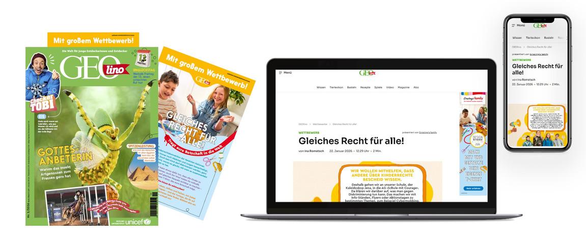 Das Bild zeigt das GEOlino Magazin in verschiedenen Formaten: als gedrucktes Magazin mit einem auffälligen grünen Cover, das eine Gottesanbeterin zeigt, sowie als digitale Versionen auf einem Laptop und einem Smartphone. Auf dem Laptop und dem Smartphone ist der Artikel 'Gleiches Recht für alle!' zu sehen. Das Magazin hebt einen großen Wettbewerb hervor und enthält Inhalte für Kinder.
#!#
GEOlino,Magazin,Digital,Print,Kinder,Wettbewerb,Gottesanbeterin,Rechte,Artikel,Plattformen
