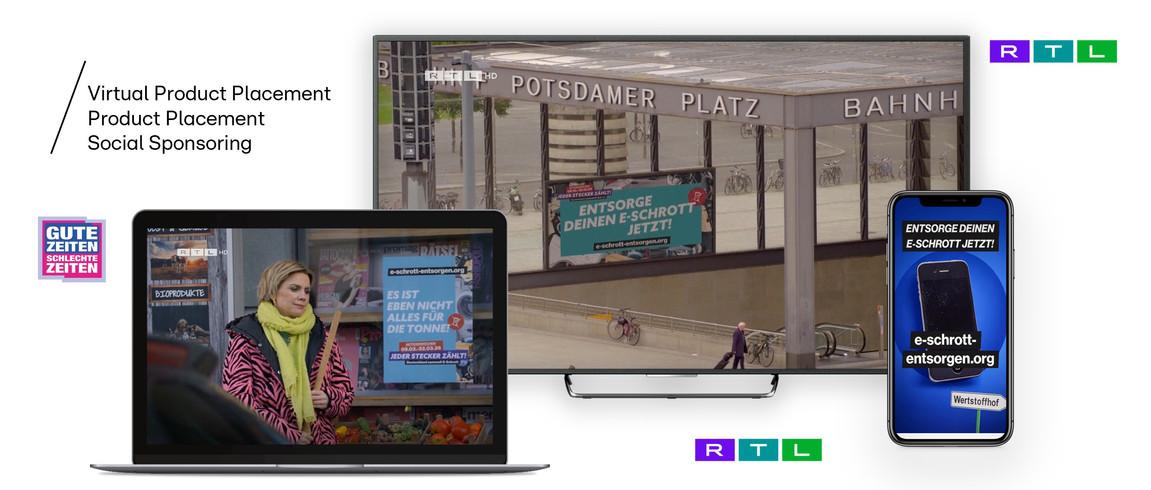 Das Bild zeigt eine Kombination aus verschiedenen Mediengeräten, darunter ein Laptop, ein Fernseher und ein Smartphone, die jeweils Werbeinhalte darstellen. Auf dem Laptop ist eine Szene mit einer Frau in bunter Kleidung neben einem Plakat zu sehen. Der Fernseher zeigt eine Außenaufnahme vom Potsdamer Platz mit einem großen Werbeplakat. Auf dem Smartphone ist eine Werbung für das Entsorgen von Elektroschrott zu sehen. Oben rechts sind die Logos von RTL und das Thema Virtual Product Placement, Product Placement und Social Sponsoring erwähnt.
#!#
Werbung,Medien,Laptop,Fernseher,Smartphone,RTL,Potsdamer Platz,Product Placement,Social Sponsoring,Elektroschrott