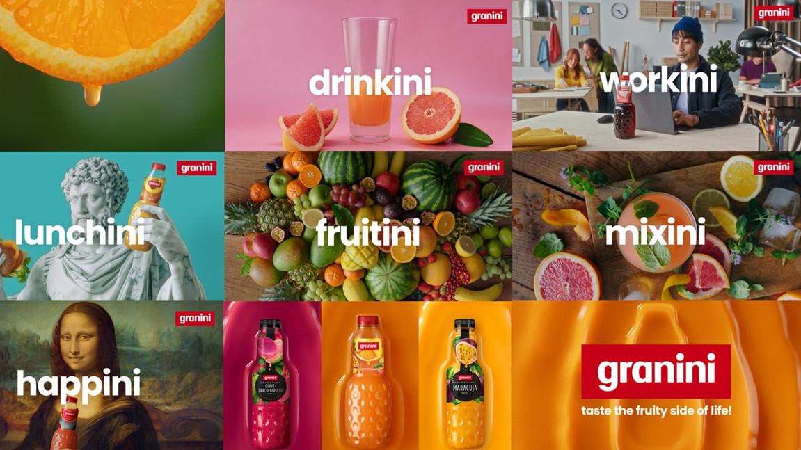 Säfte und Früchte mit Beschriftungen wie 'drinkini' und 'fruitini'.